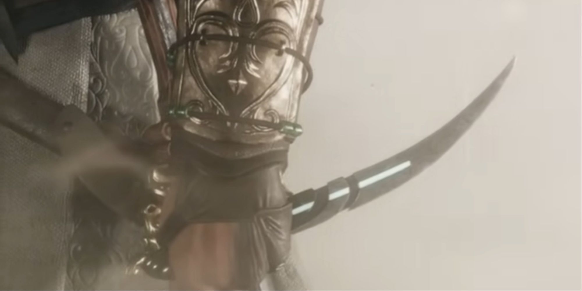 A close-up of Basim holding The Samsaama Dagger from the selection menu in AC Mirage's inventory.