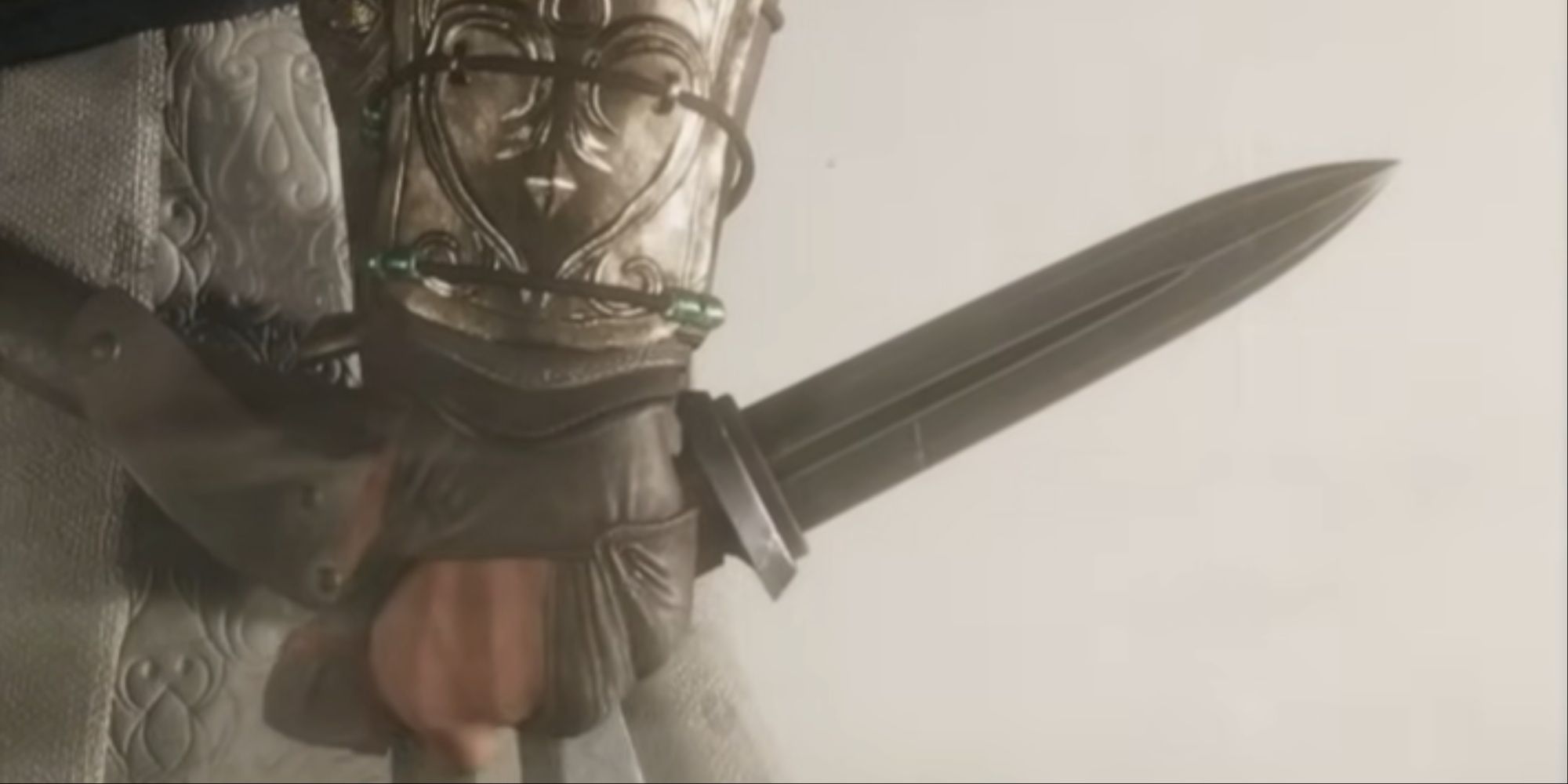 A close-up of Basim holding the Zanj Uprising Dagger from the selection menu in AC Mirage's inventory.