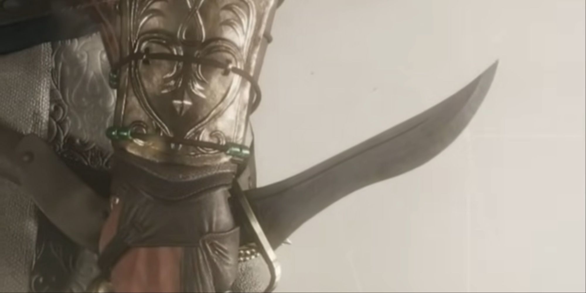 A close-up of Basim holding the Hidden One Dagger from the selection menu in AC Mirage's inventory.