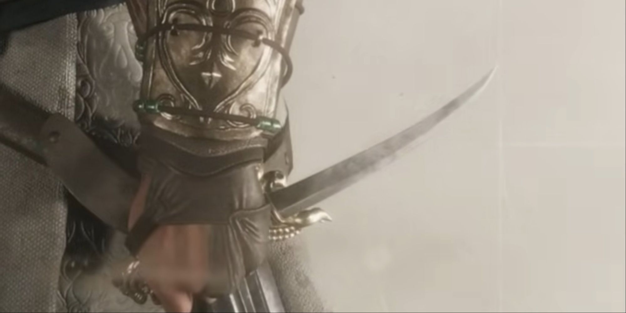 A close-up of Basim holding the Rostam Dagger from the selection menu in AC Mirage's inventory.