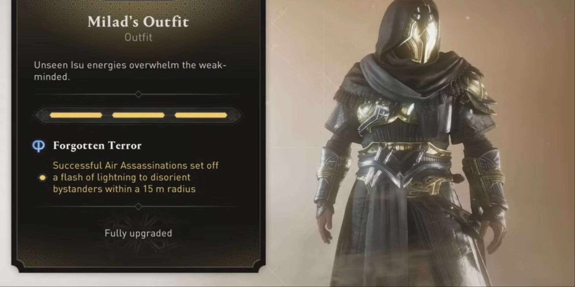 Basim in Milad's Outfit from the selection menu, with the description visible.