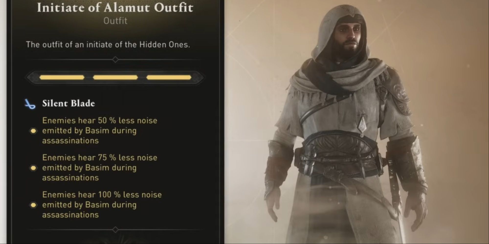 Basim in the Initiate of Alamut Outfit from the selection menu, with the description visible.
