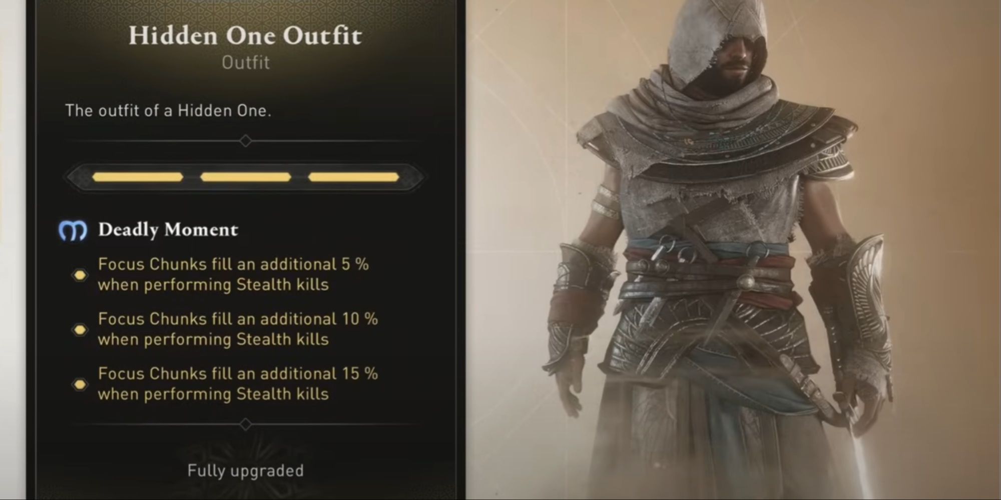 Basim in the Hidden One Outfit from the selection menu, with the description visible.