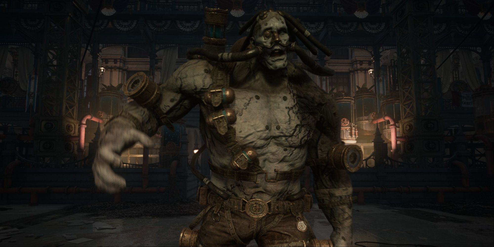 Champion Victor strolls into the arena during cutscene to challenge P to fight in Lies of P