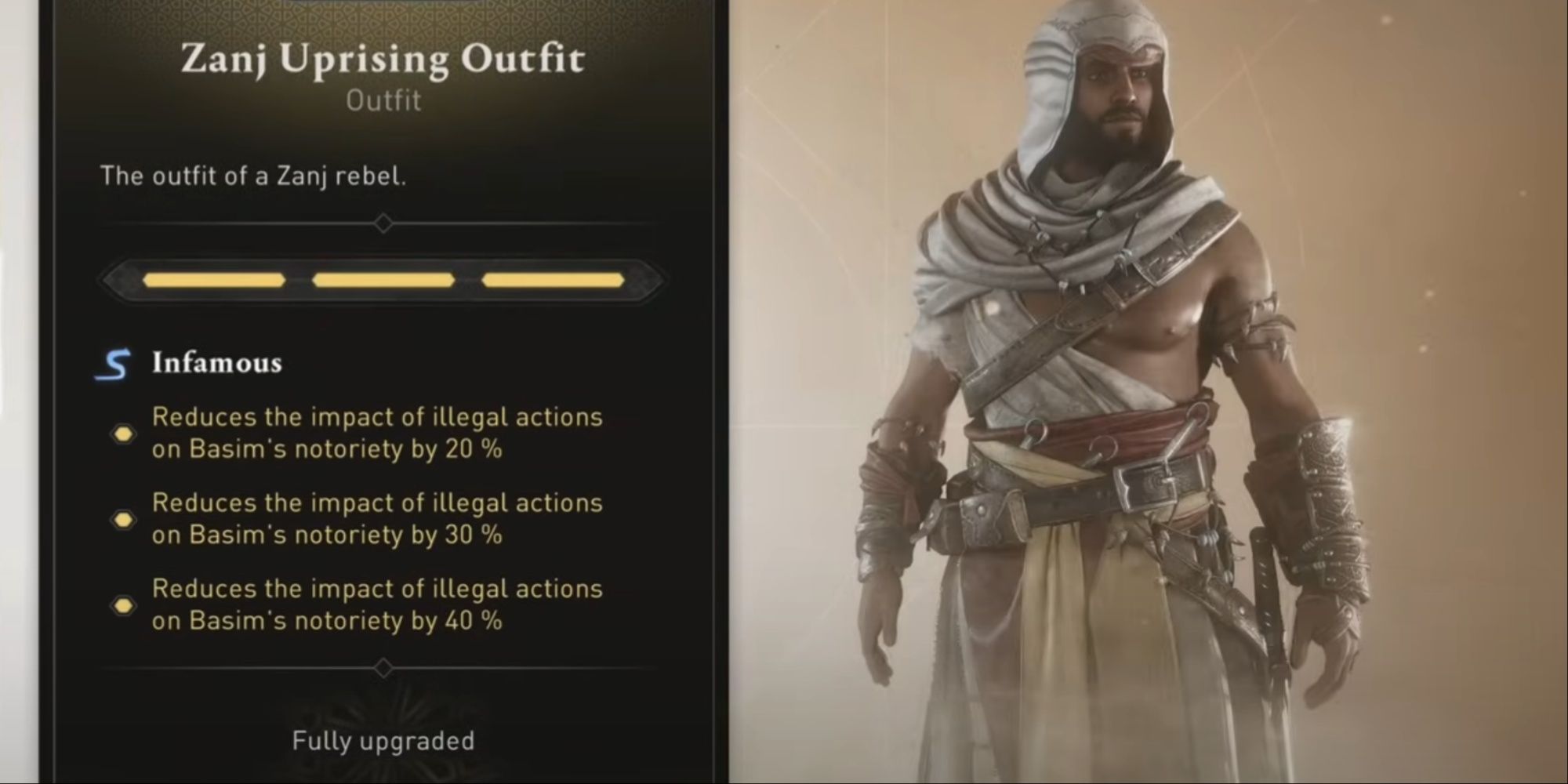 Basim in the Zanj Uprising Outfit from the selection menu, with the description visible.