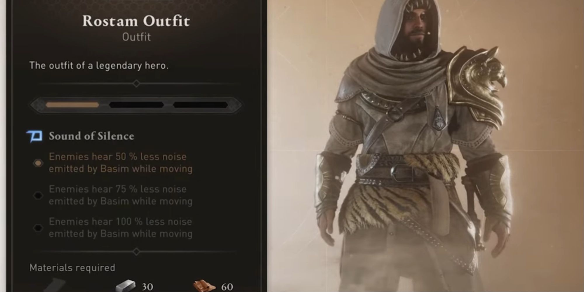 Basim in the Rostam Outfit from the selection menu, with the description visible.