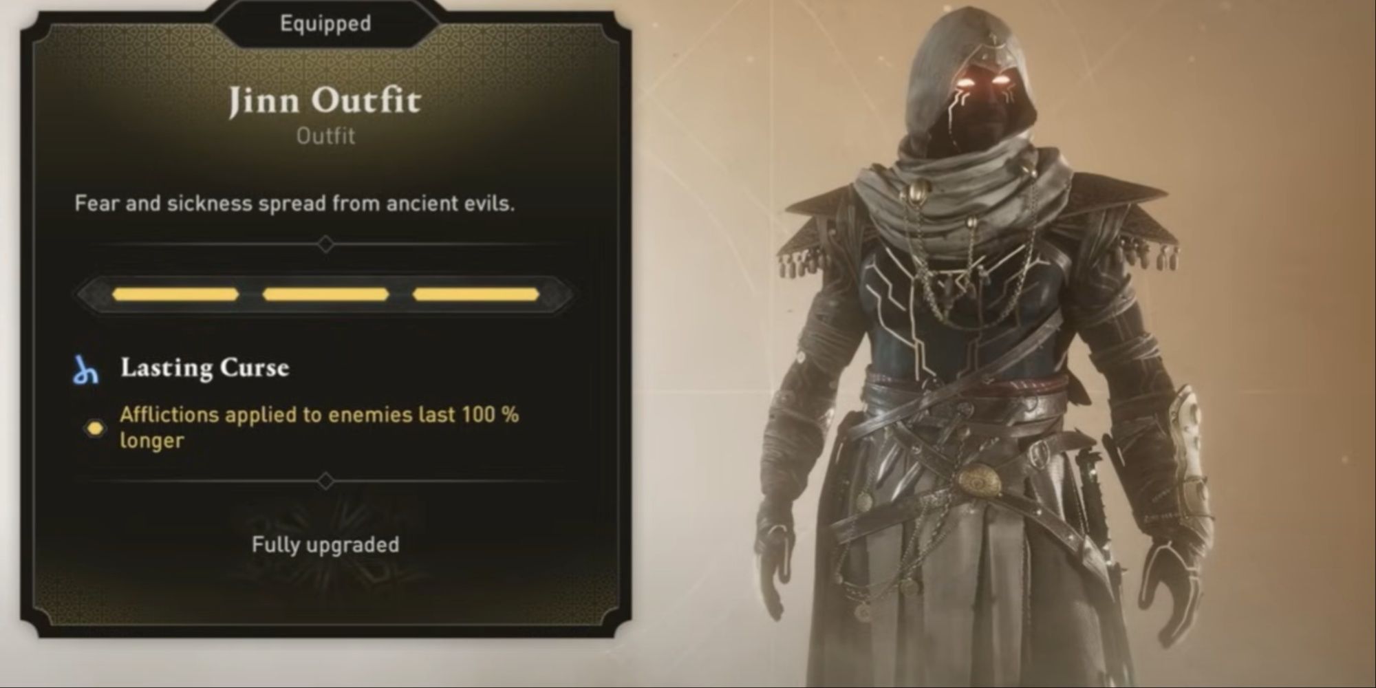 Basim in the Jinn Outfit from the selection menu, with the description visible.