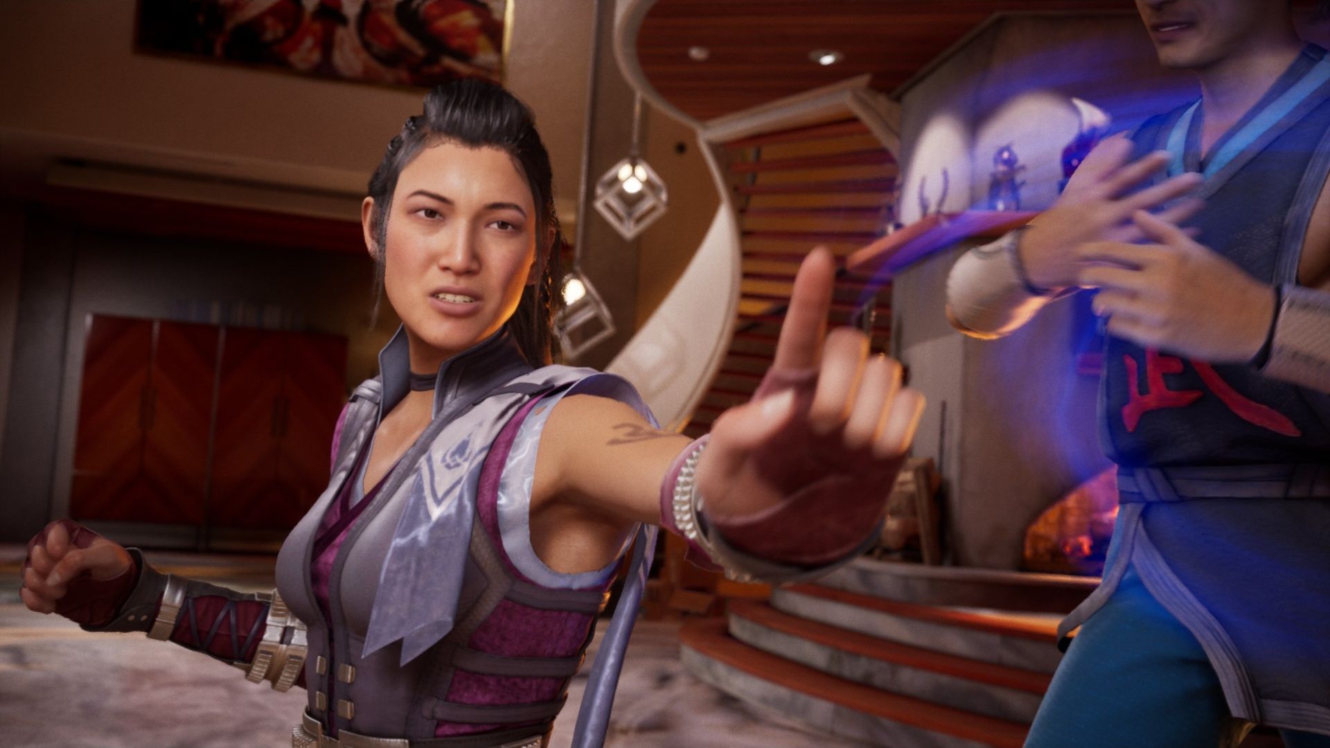 Li Mei preparing to fight an opponent with Kung Lao by her side in Mortal Kombat 1.