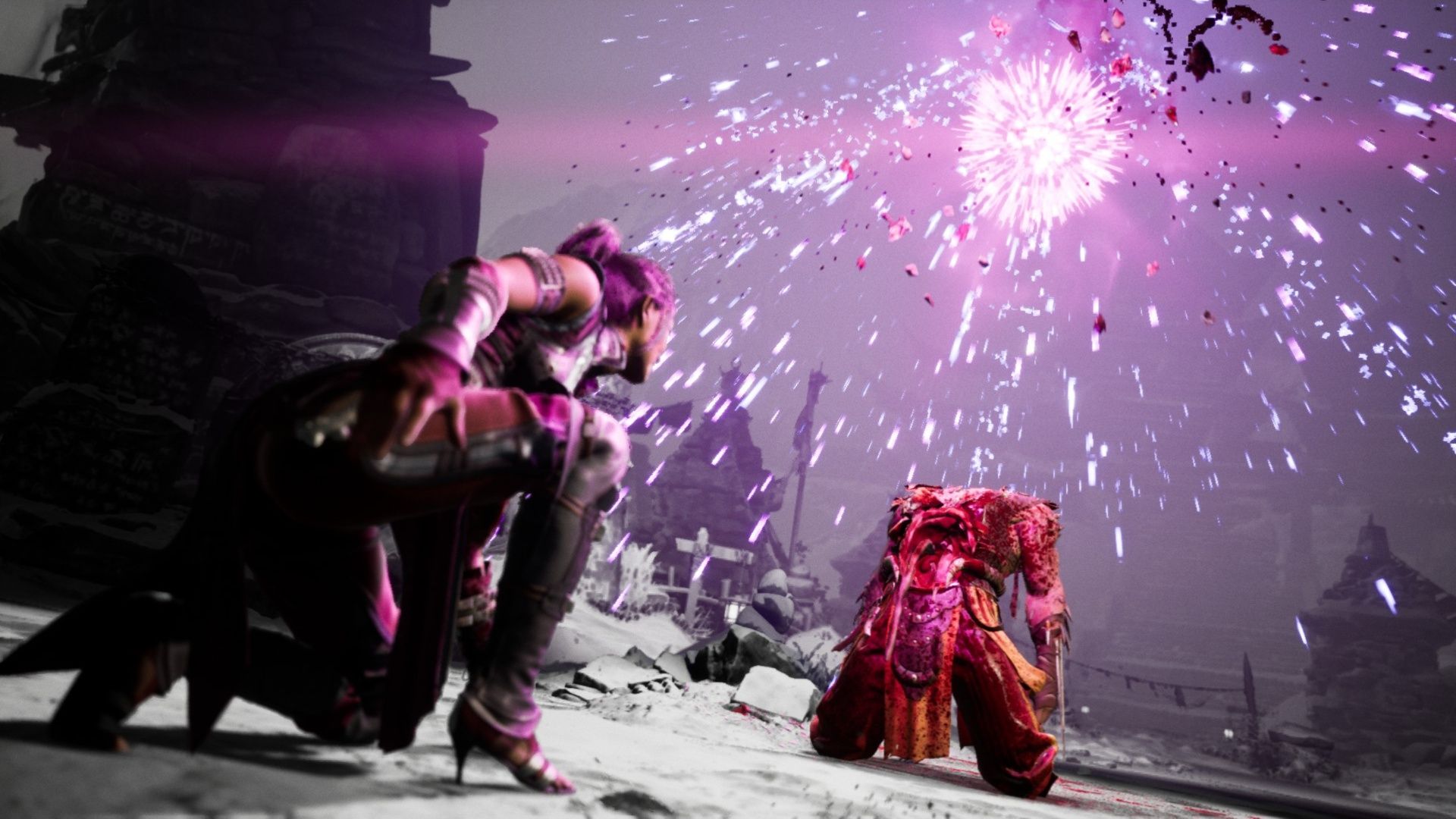 Li Mei using her first fatality to make Baraka's head explode into fireworks in Mortal Kombat 1.