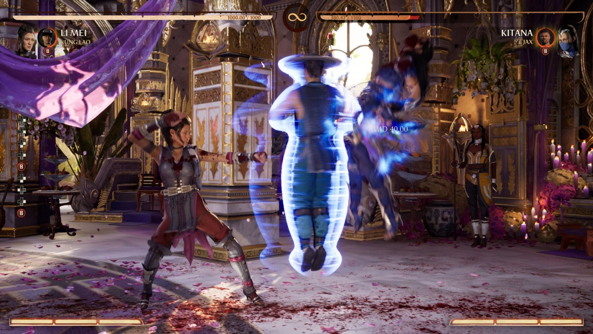 Kung Lao using his Kameo attack to launch Kitana in the air in Mortal Kombat 1.