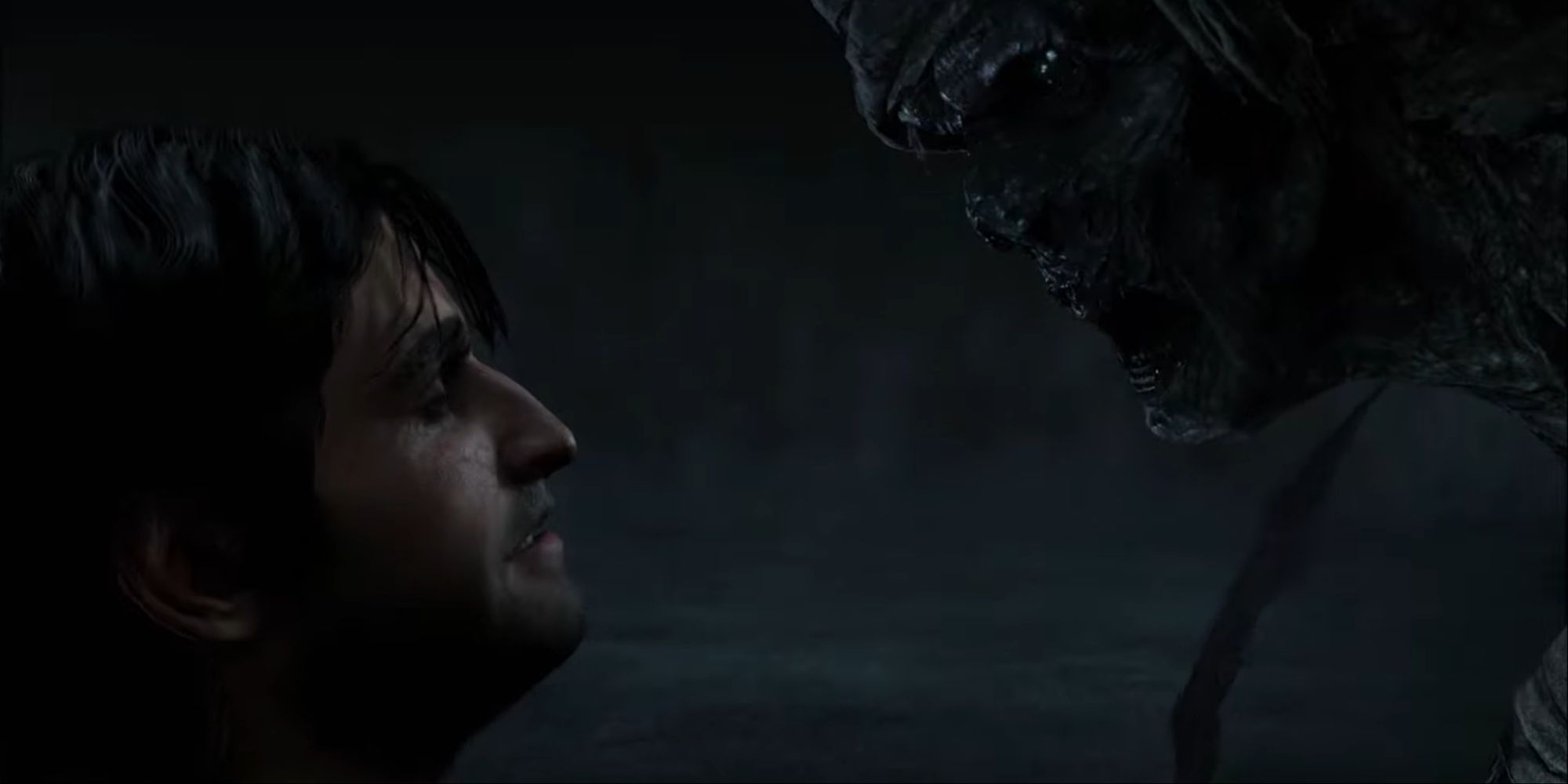 Basim in a dark nightmare world face-to-face with a haunting and disturbing Jinni during the opening cutscene.