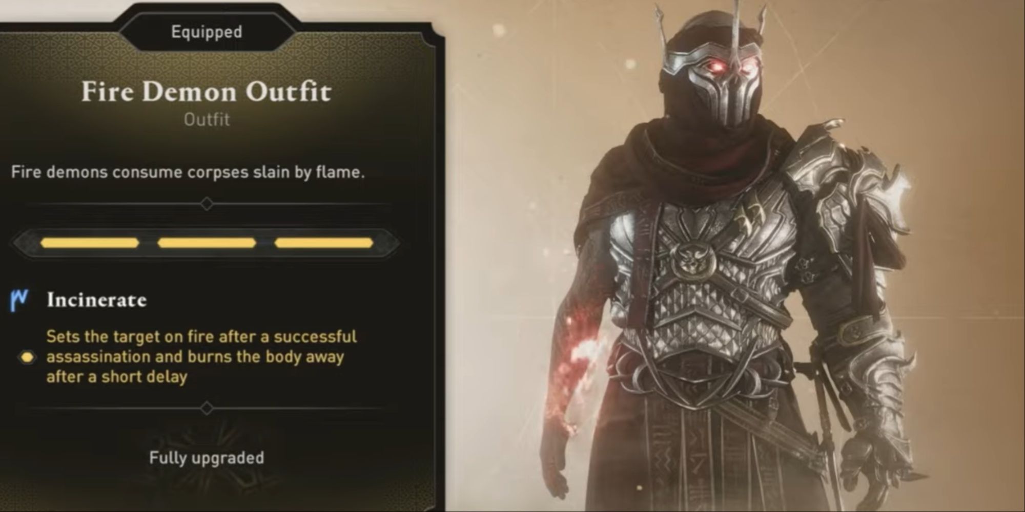 Basim in the Fire Demon Outfit from the selection menu, with the description visible
