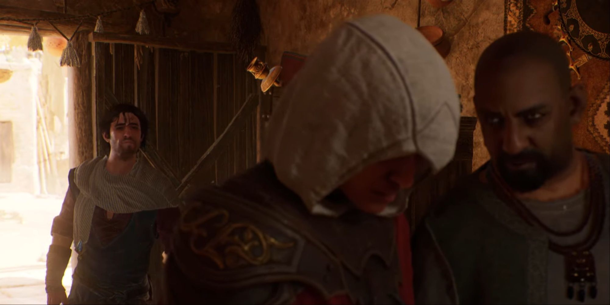 Roshan discussing her plans with Dervis as Basim just completed the contract for stealing a ledger for the Hidden Ones, Basim listening in behind them.