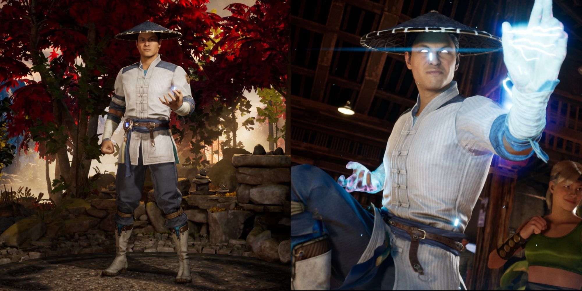 A collage of Raiden standing in the forest and him preparing for combat with Sonya in Mortal Kombat 1.