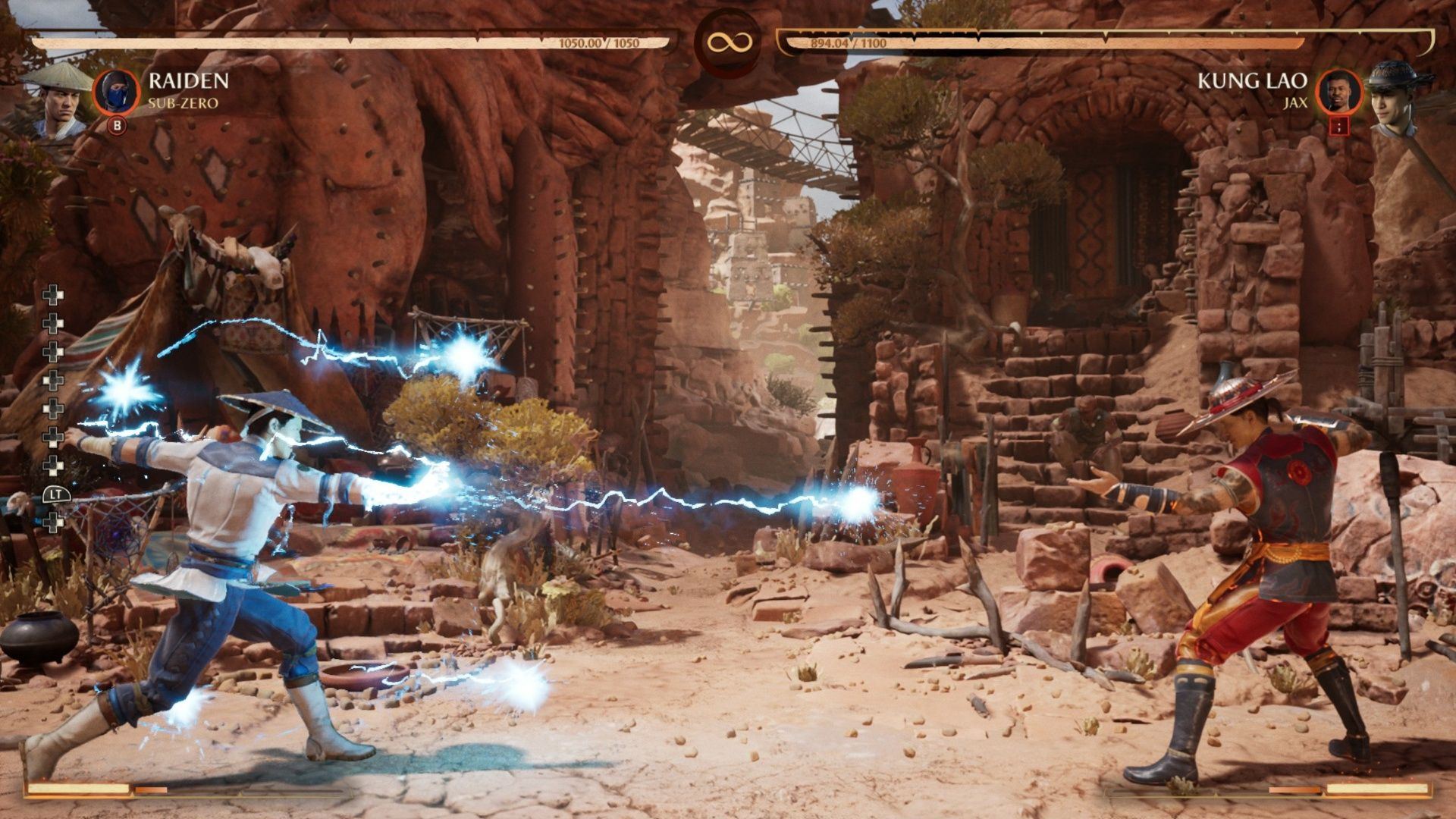 Raiden fully charging and using his Electric Orb against Kung Lao in Mortal Kombat 1.