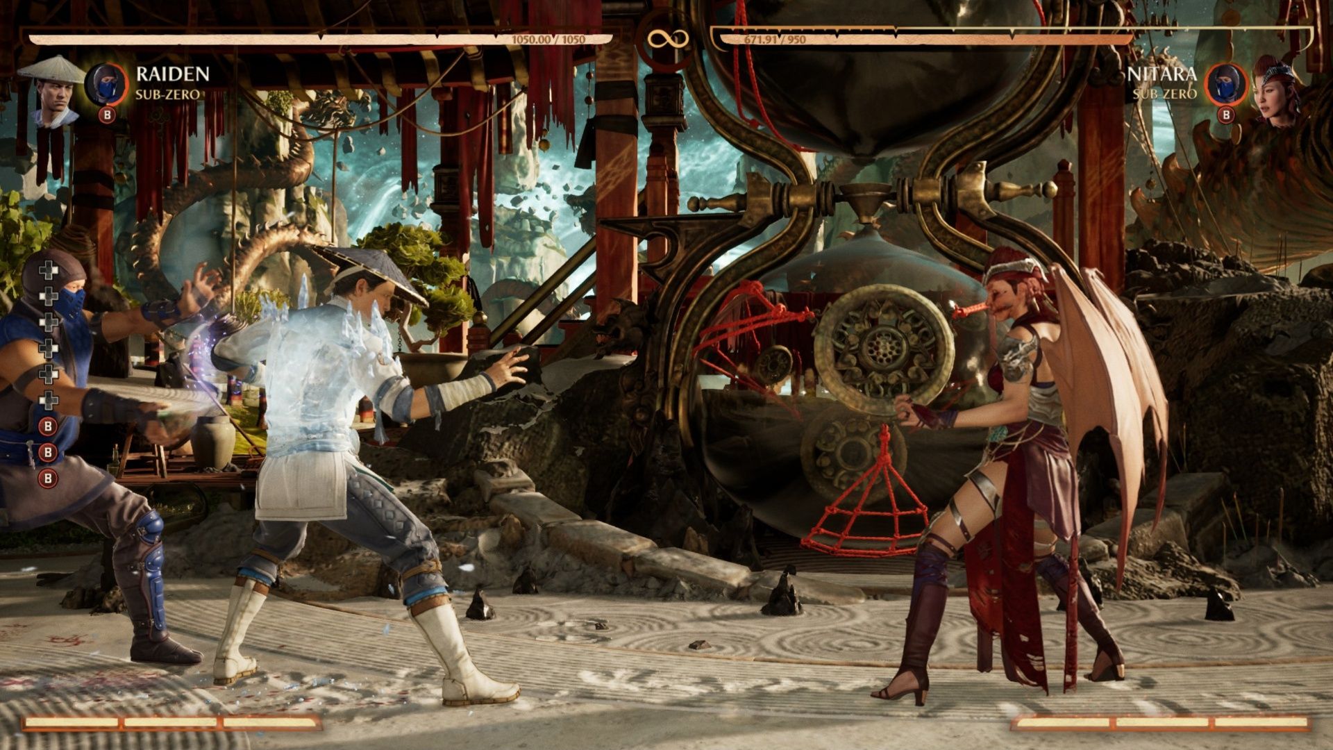 Sub-Zero using his Ice Armor to protect Raiden from projectiles in Mortal Kombat 1.