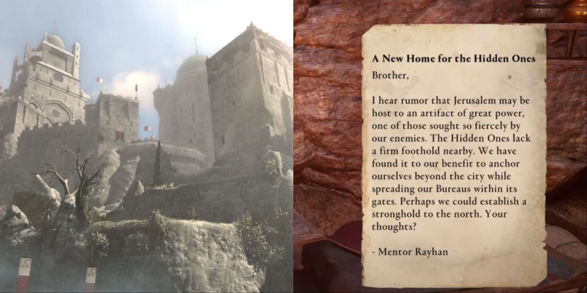 Split-image of the extrior of the assassin fortress Maysaf from the original Assassin's Creed and a close-up of the note mentioning Rayhan's suggestion to build it in AC Mirage.