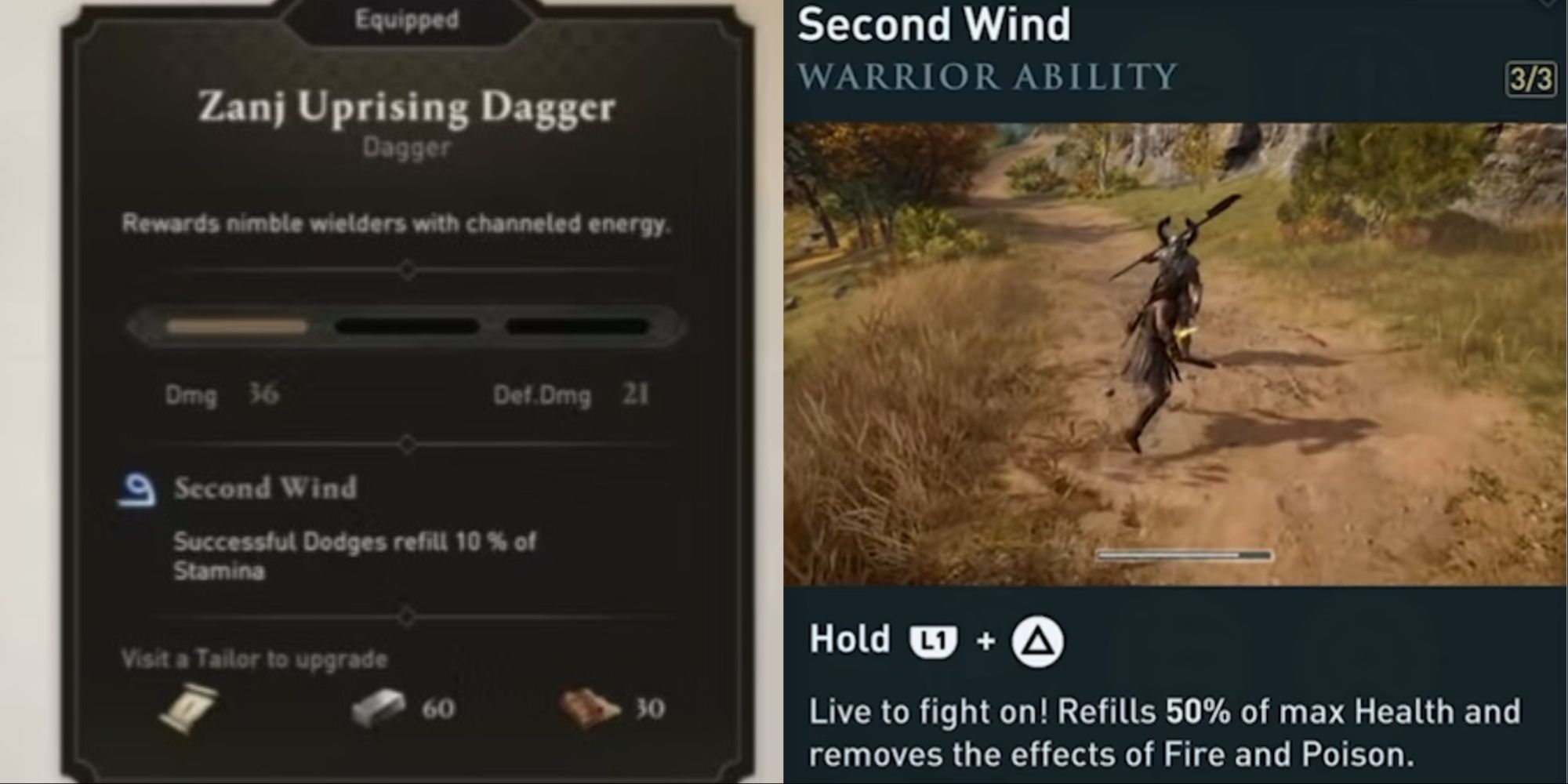 Two-image collage of the Second Wind stat on the Zanj Uprising Dagger from Mirage's menu and the Second Wind Warrior Ability from Odyssey's skill menu.