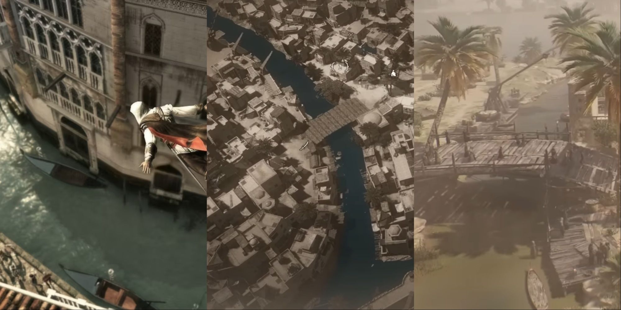 Ezio diving into a Venice canal curving around a structure with gondolas on the surface, a map showing the same curve of water around architecture in Mirage, and a canal with gondola-like boats in Mirage.
