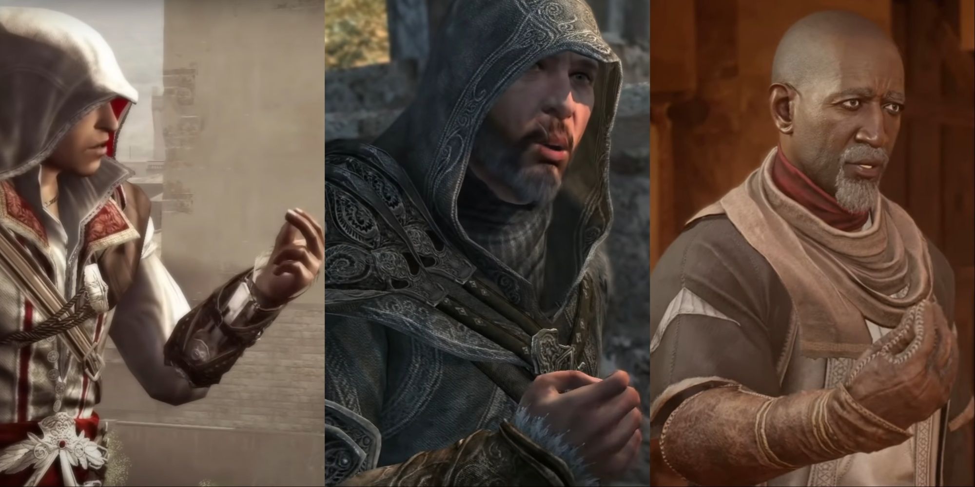 Three-image collage of Ezio from AC2 and Revelations, and Fuladh from AC Mirage making the same gesture with their arms.