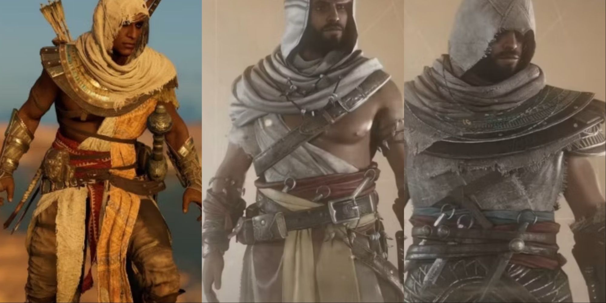 Three-image collage of Bayek in his default skin in AC Origins, Basim in the Zanj Uprising Oufit, and Basim in the Hidden One Outfit.