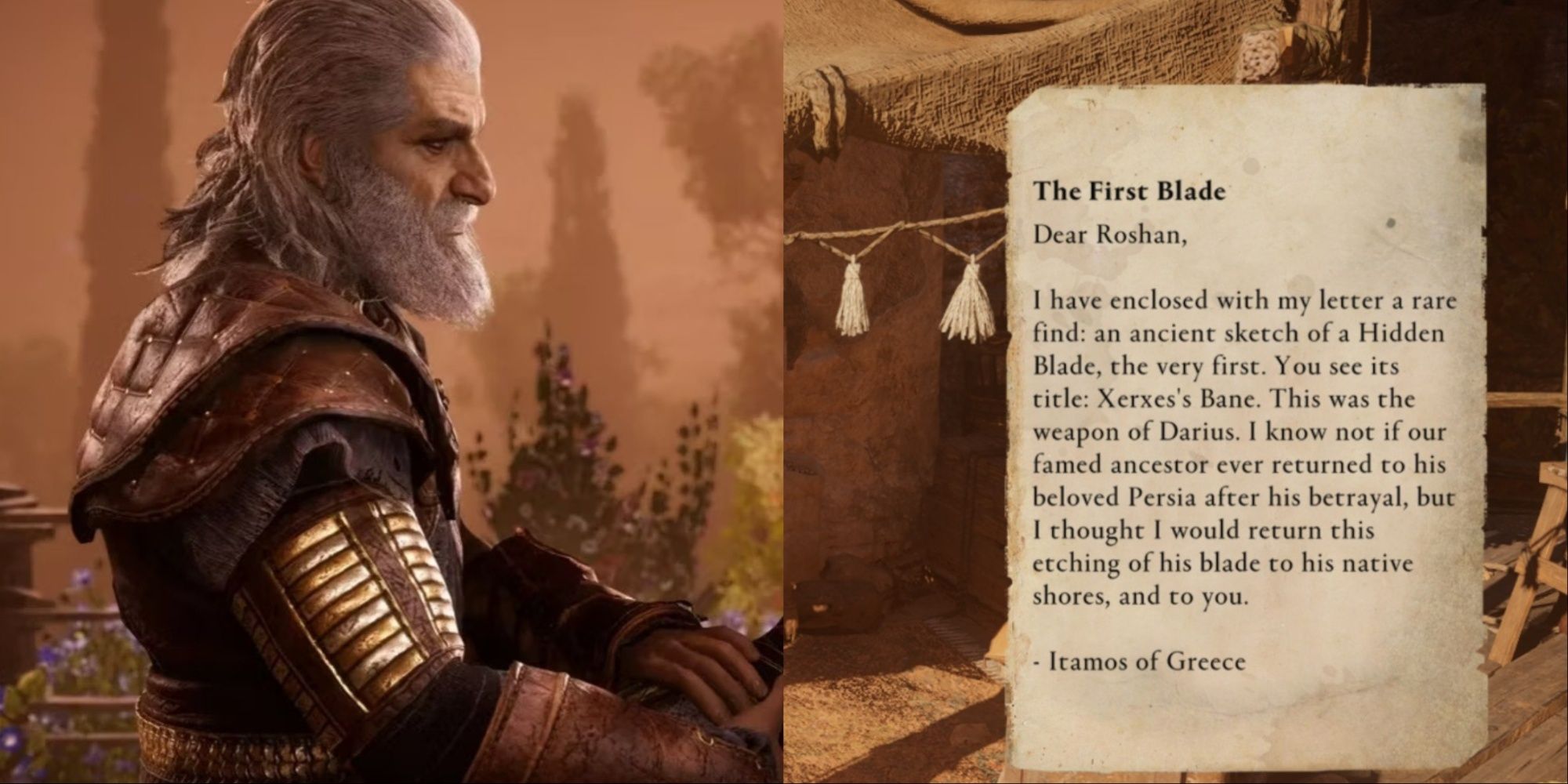 Split-image of Darius holding a character's hand from the Legacy of the First Blade DLC, and a close-up of the note mentioning his blade in AC Mirage.