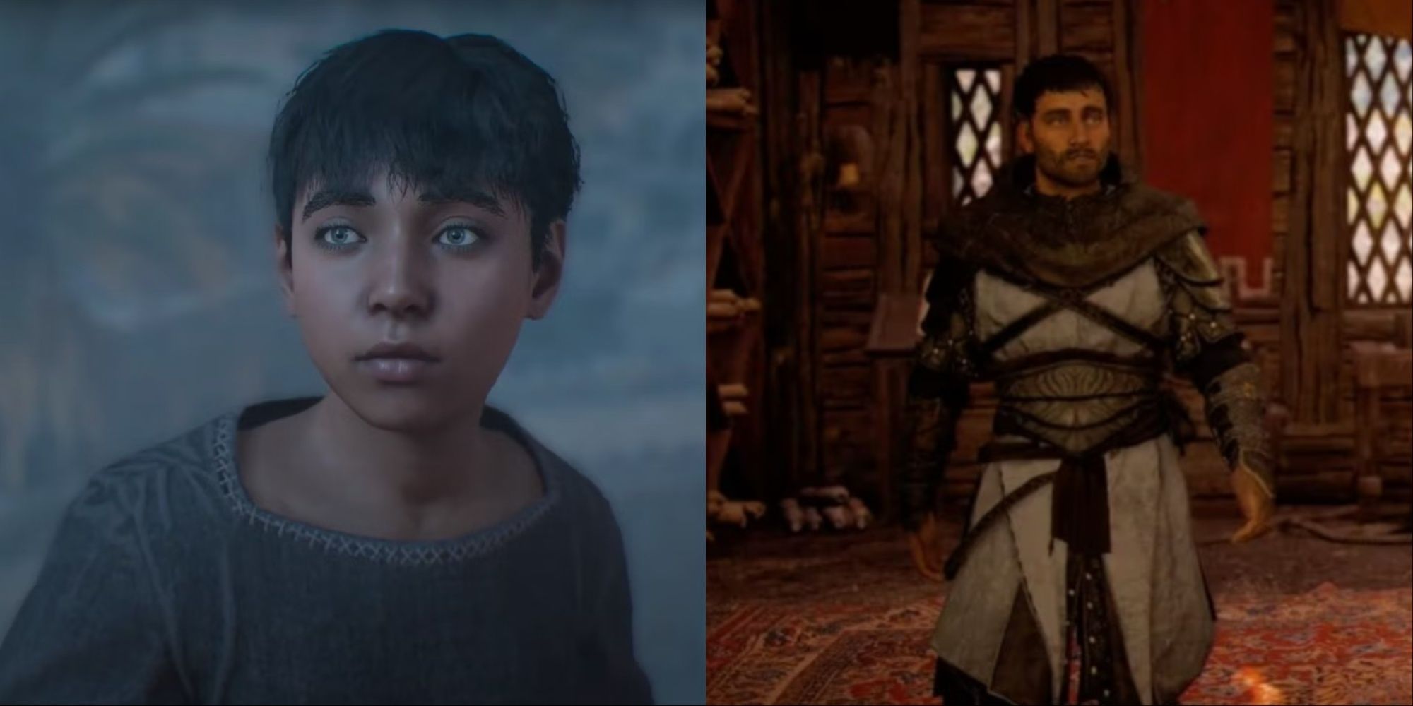 Split-image of Young Eagle talking to Basim before the Leap of Faith and older Hytham as an assassin in AC Valhalla.