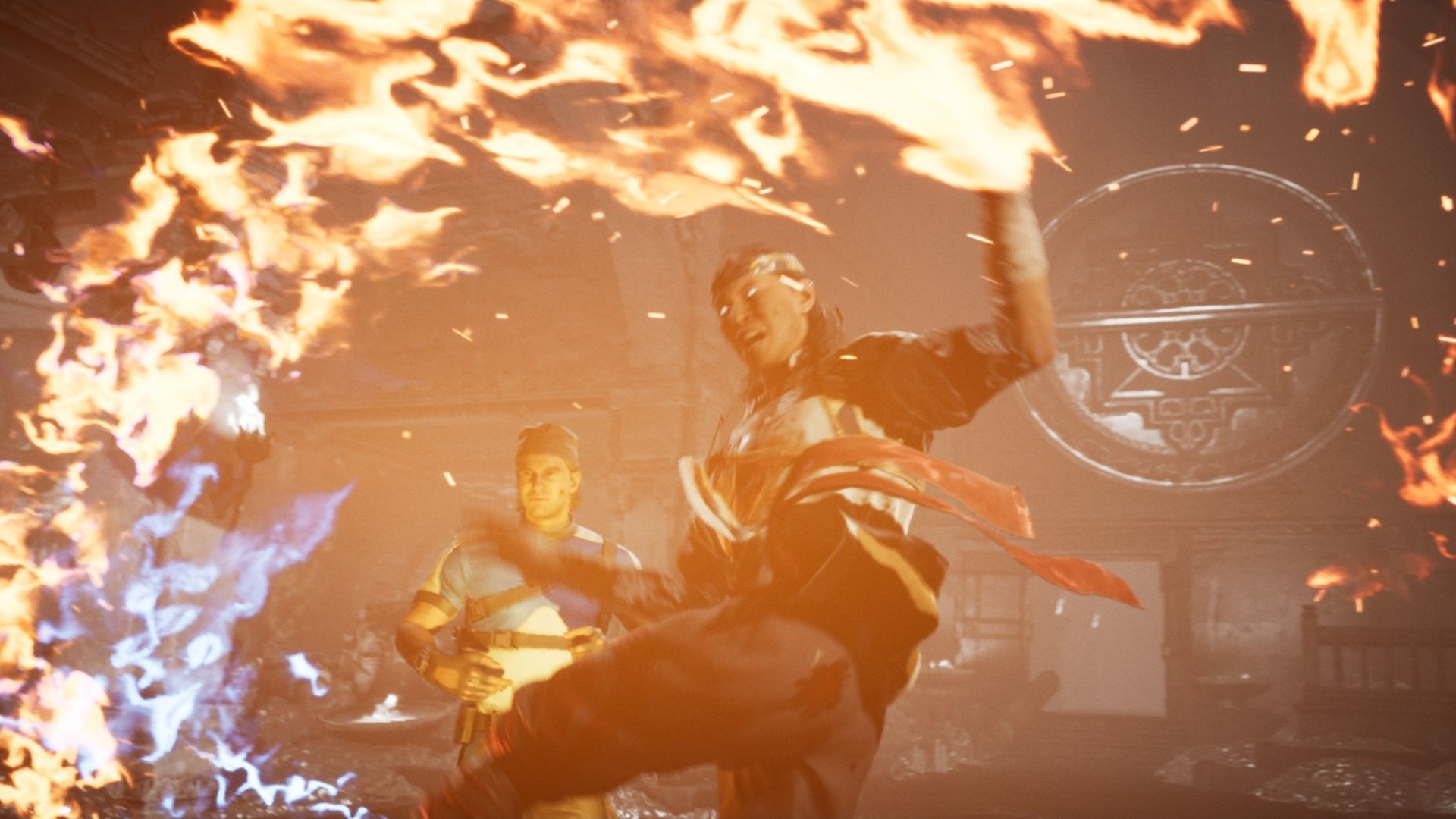 Liu Kang performing a fire kick with Stryker in the background in Mortal Kombat 1