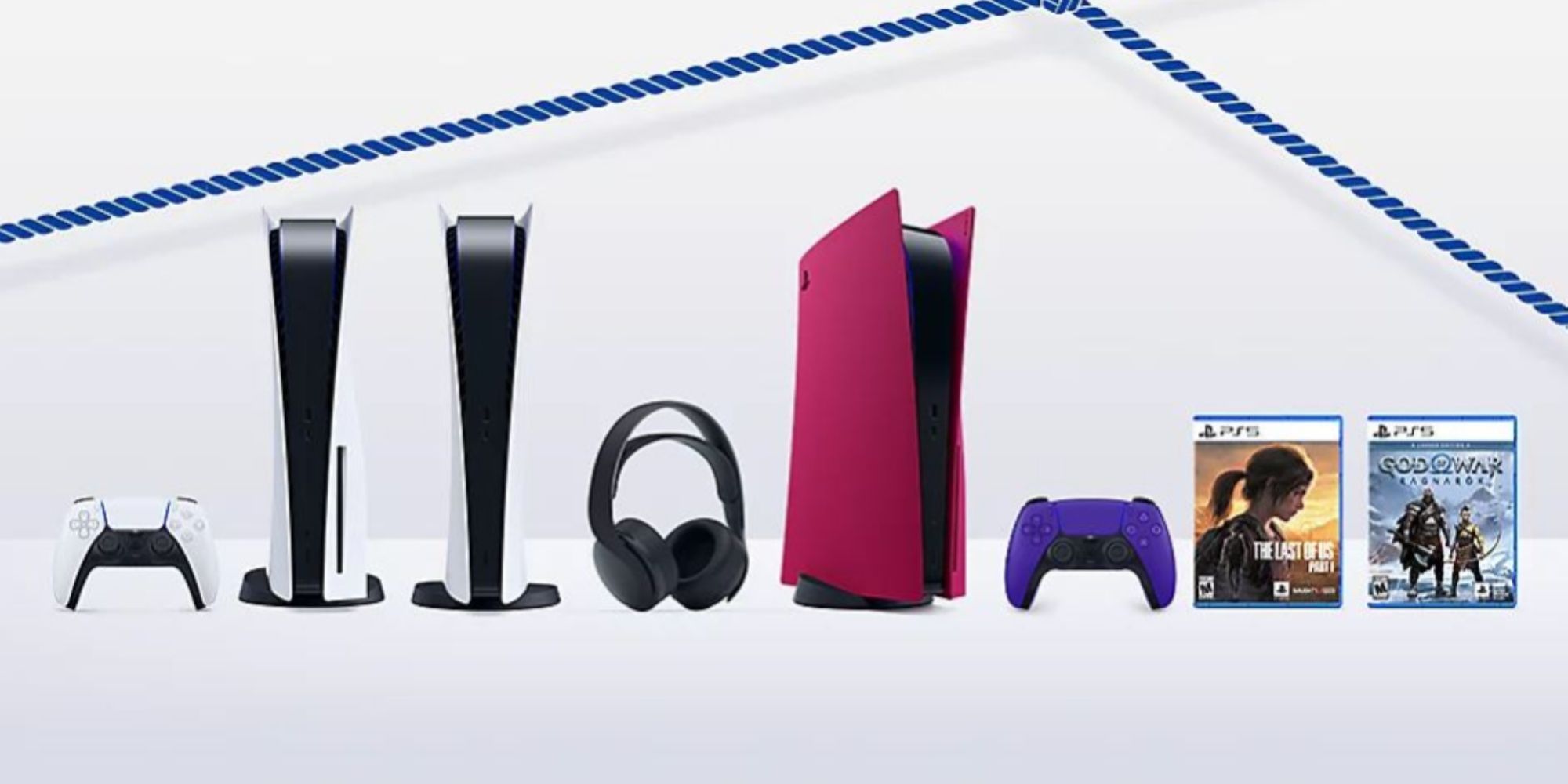 dualsense controllers, ps5s, headphones, and the last of us and god of war ragnarok