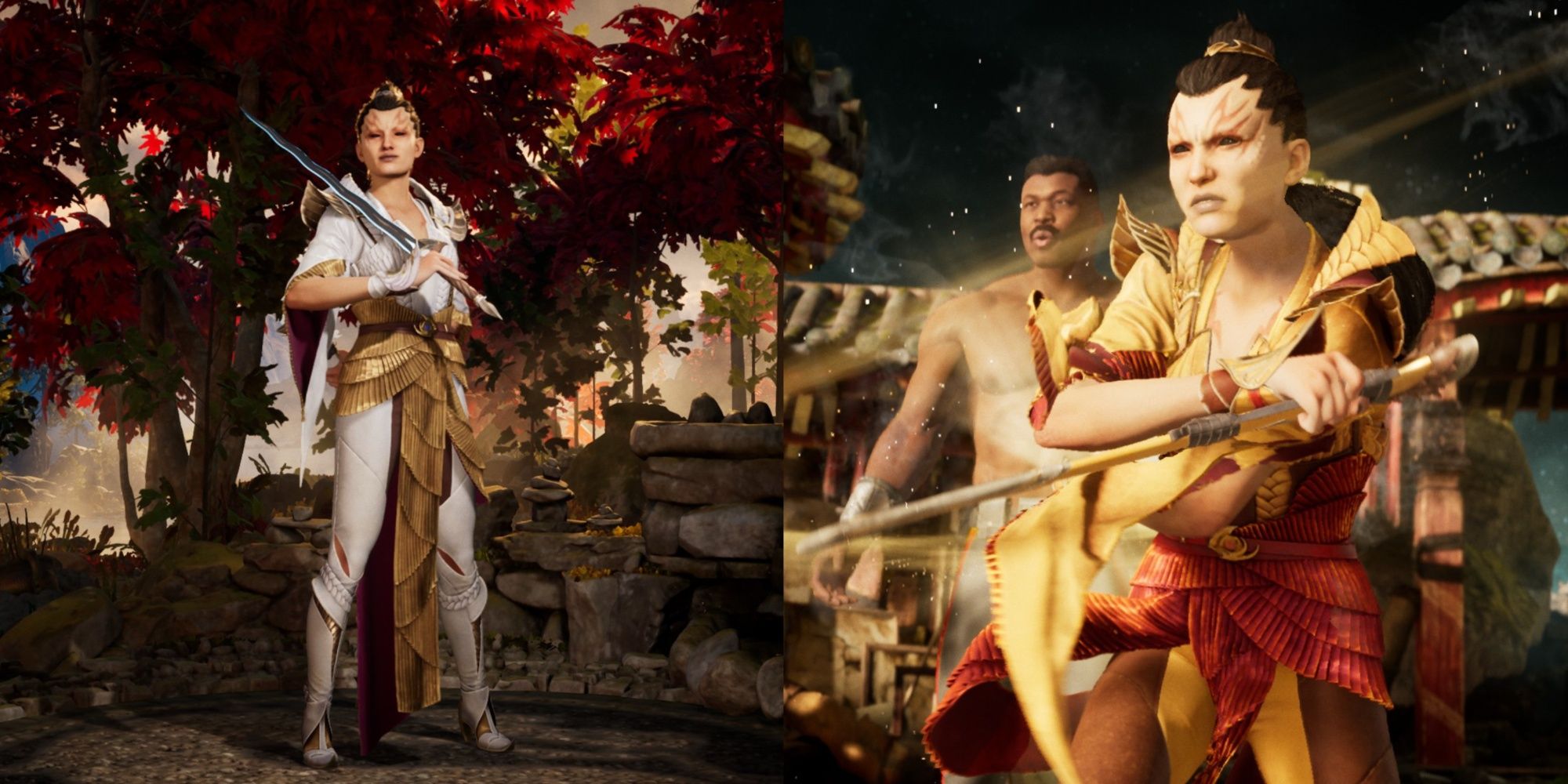A collage of Ashrah in the forest and Ashrah and Jax preparing to fight in Mortal Kombat 1.