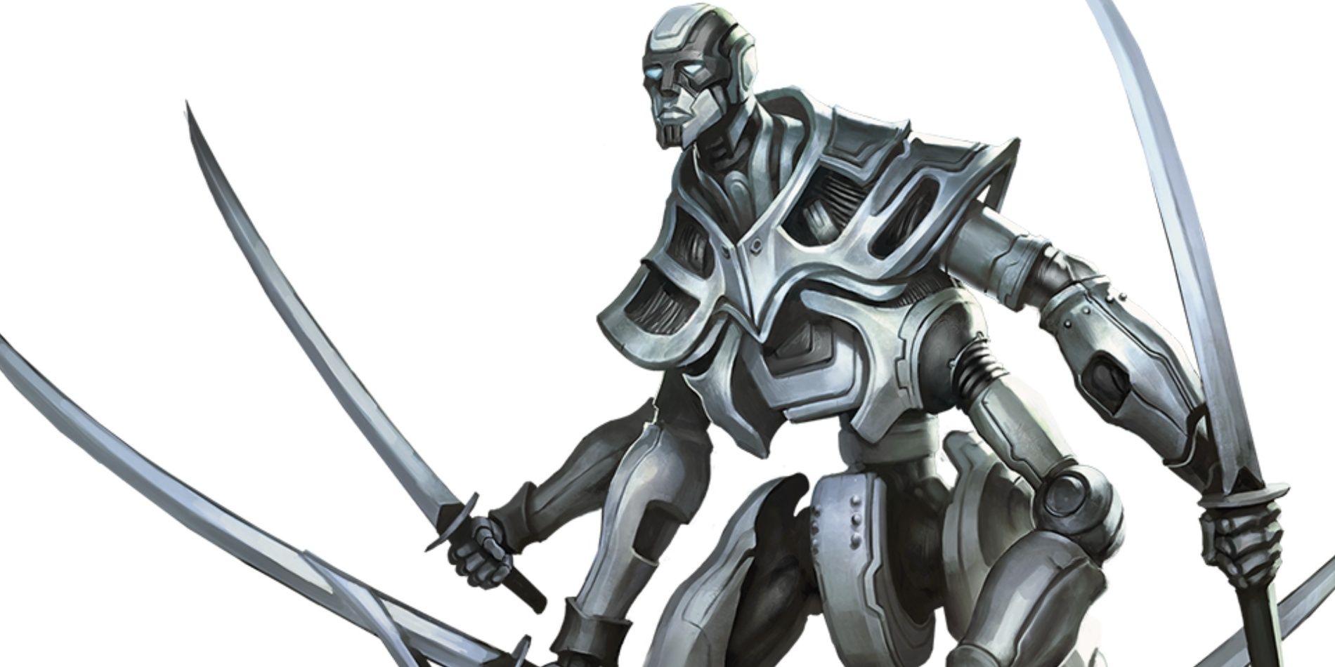 A robotic construct with multiple arms, each holding a sword.