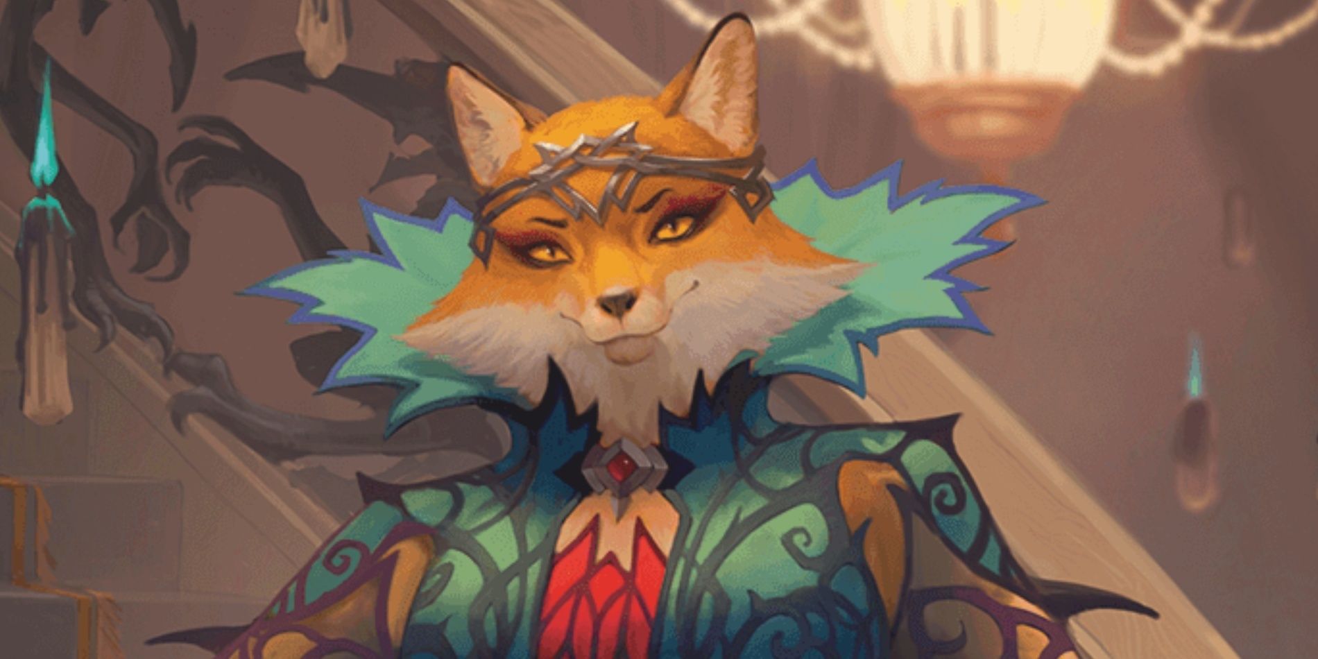 A fox humanoid in an elegant dress, wearing a tiara.