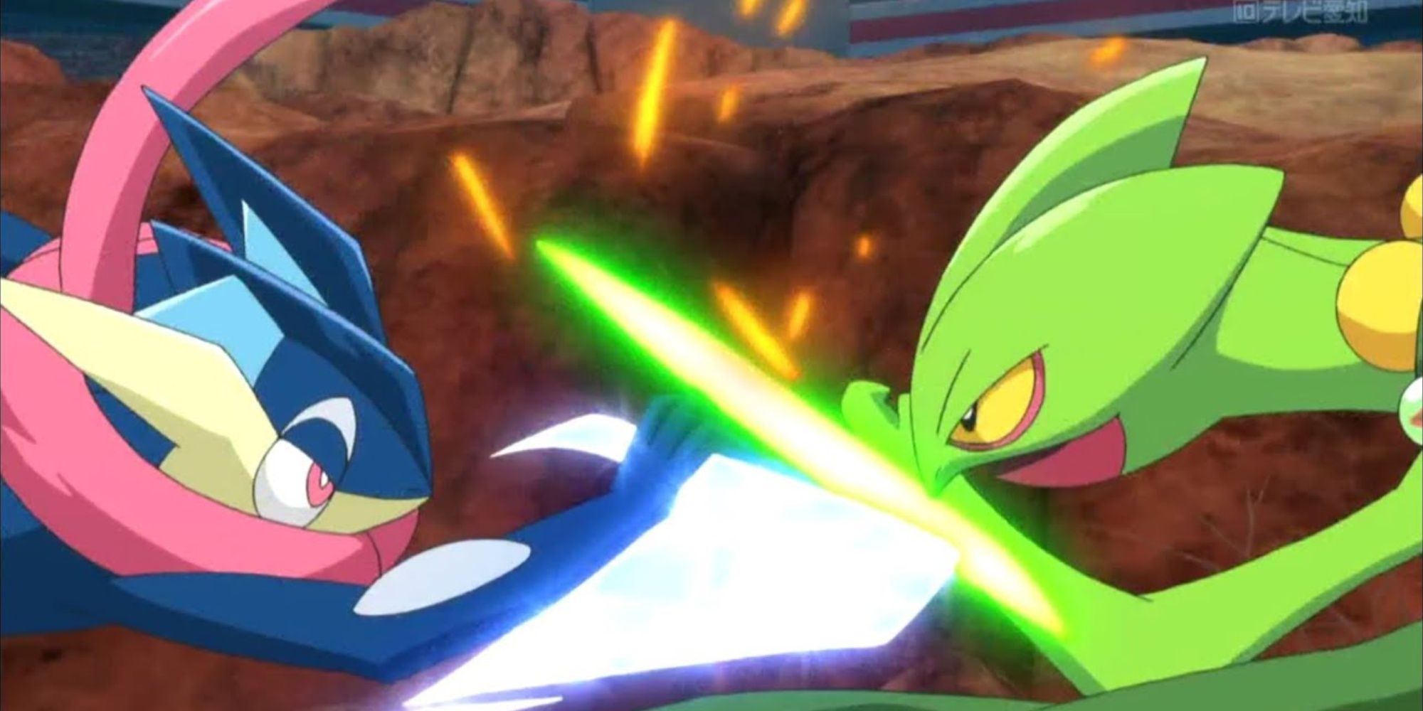 Greninja Clashing A Water Blade With Sceptile's Leaf Blade