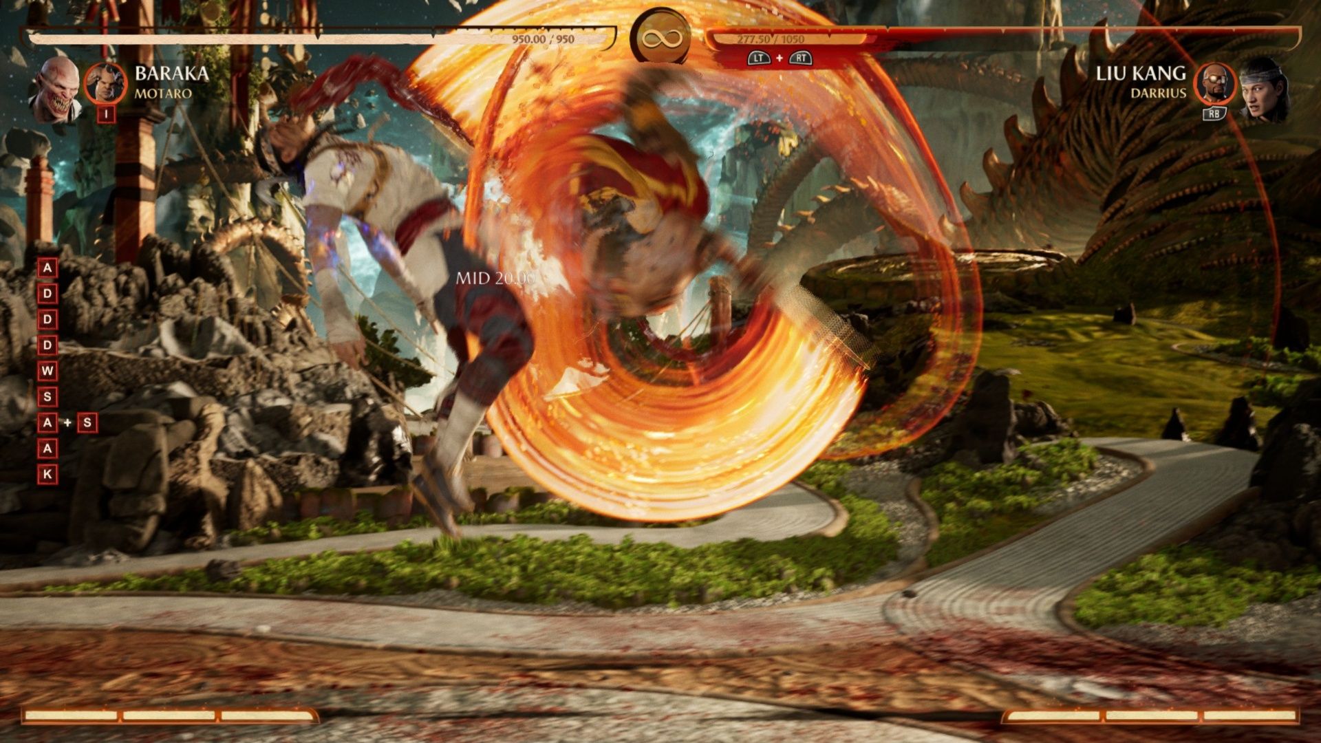 Baraka using his spinning air attack to hit Liu Kang in Mortal Kombat 1.