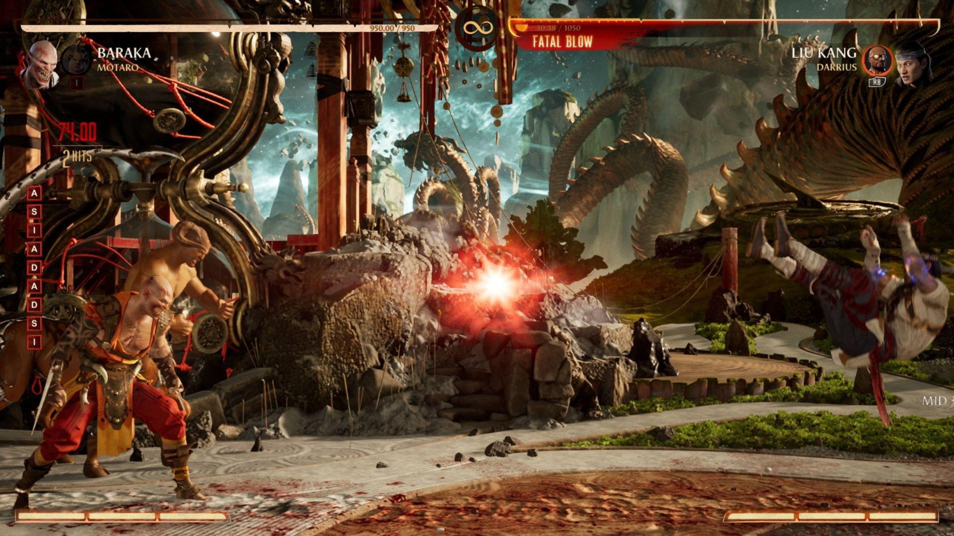 Motaro appearing and shooting tail energy balls at Liu Kang in Mortal Kombat 1.