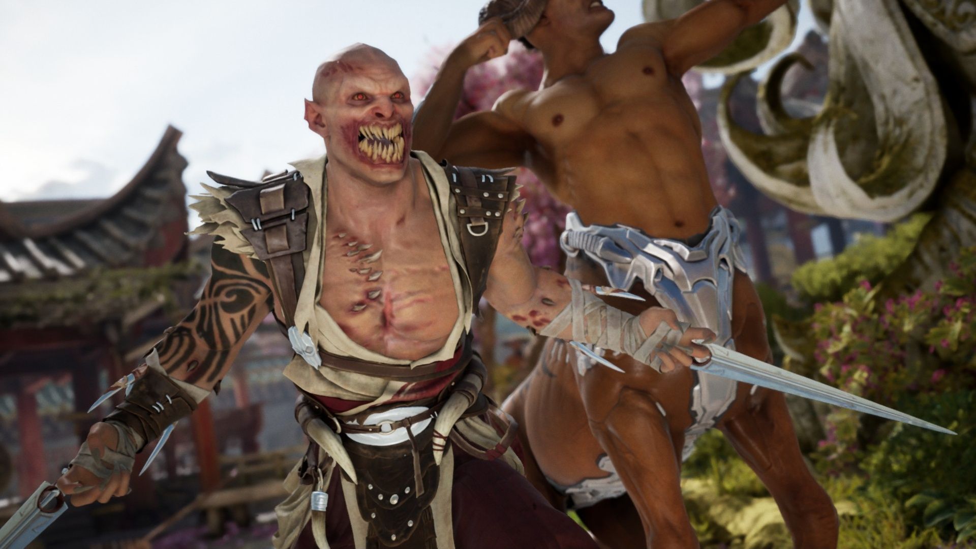 Baraka pulling out his arm blades as Motaro prepares to help him in Mortal Kombat 1.