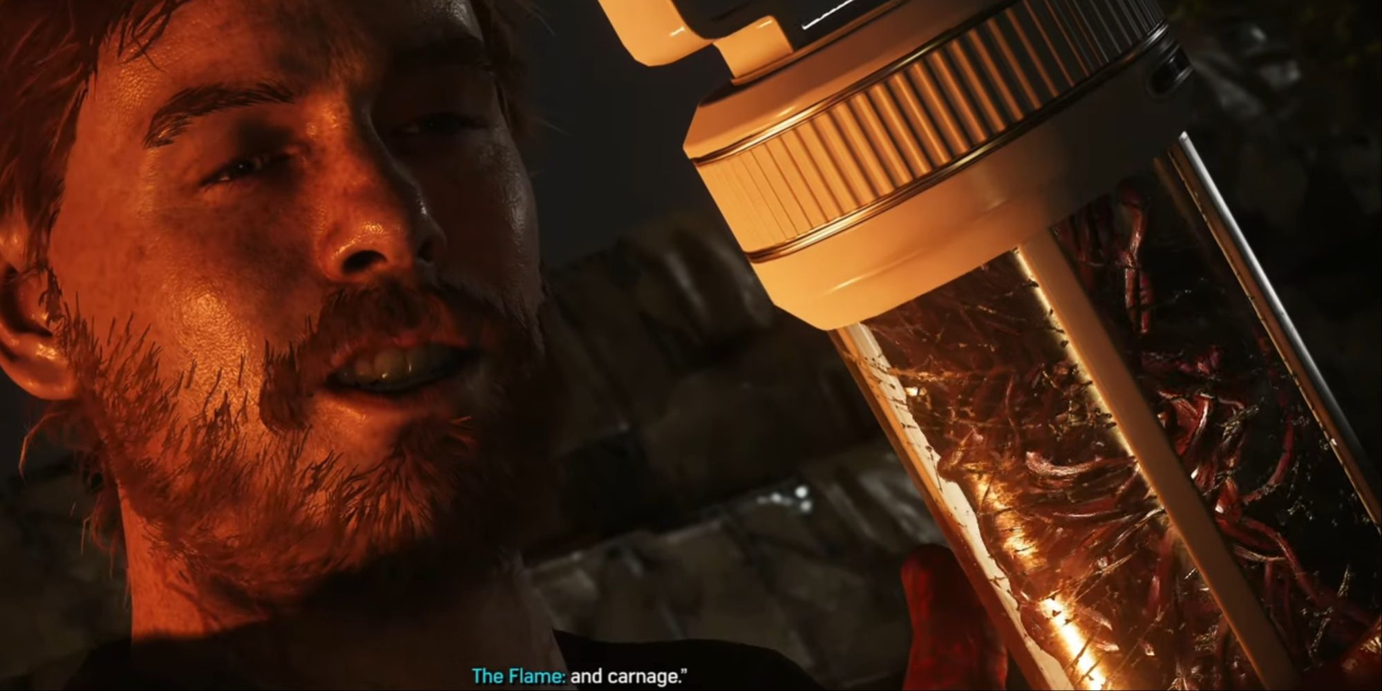 Close-up of Cletus Kasady holding the capsule of symbiote and saying "carnage."