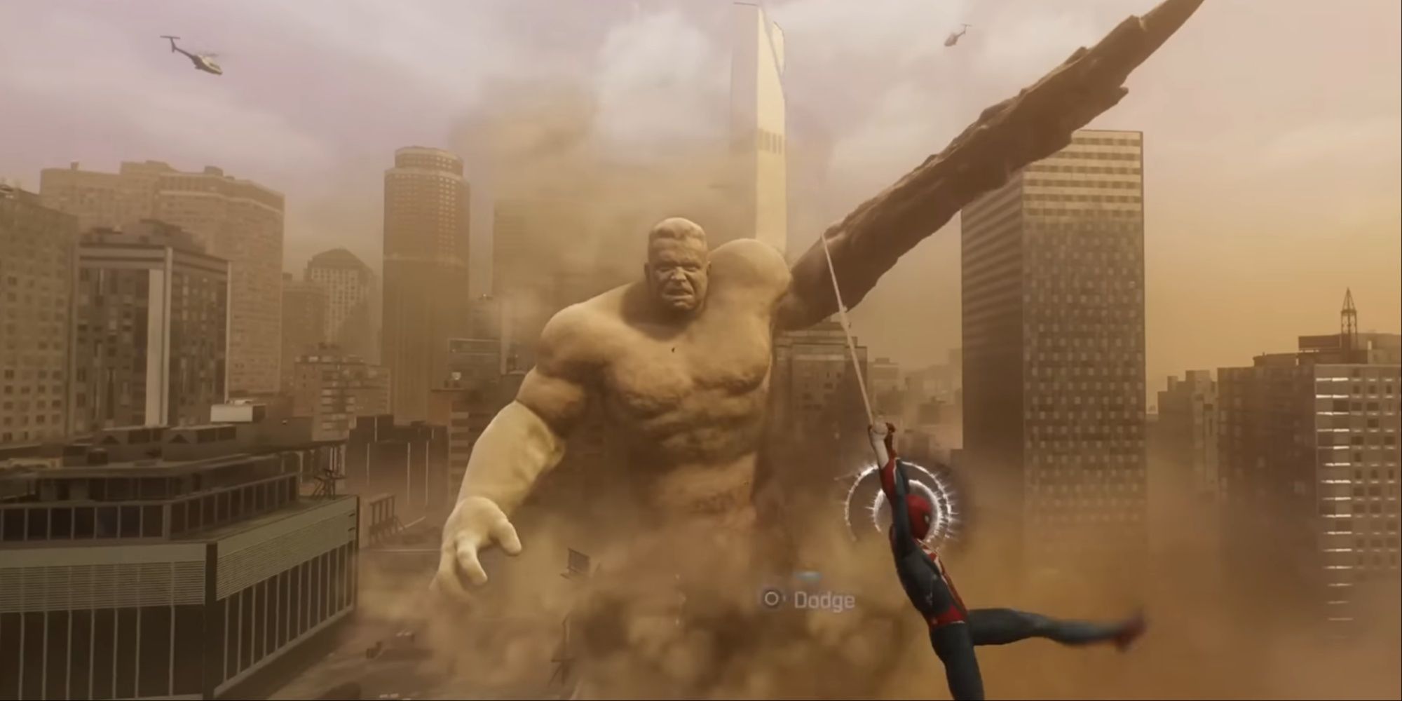 Sandman in the middle of the city causing a sandstorm and making a sharp spike with his left arm that Peter must counter.