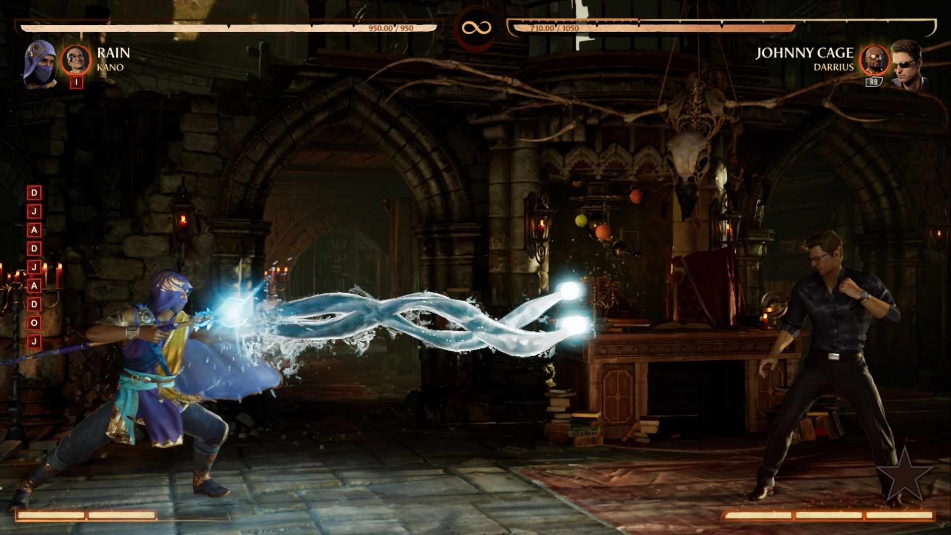 Rain using his Water Beam to launch an attack at Johnny Cage in Mortal Kombat 1.