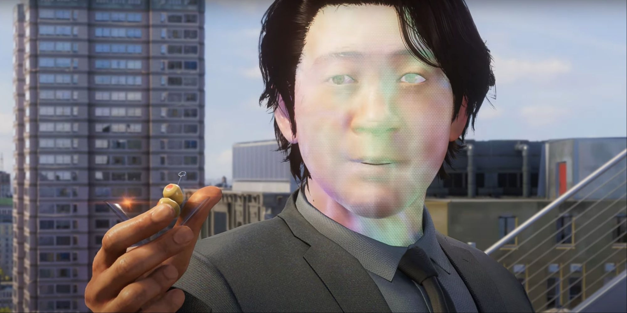 Close-up of Dimitri disguised as another person holding a martini and looking at Spider-Man leaving his apartment.