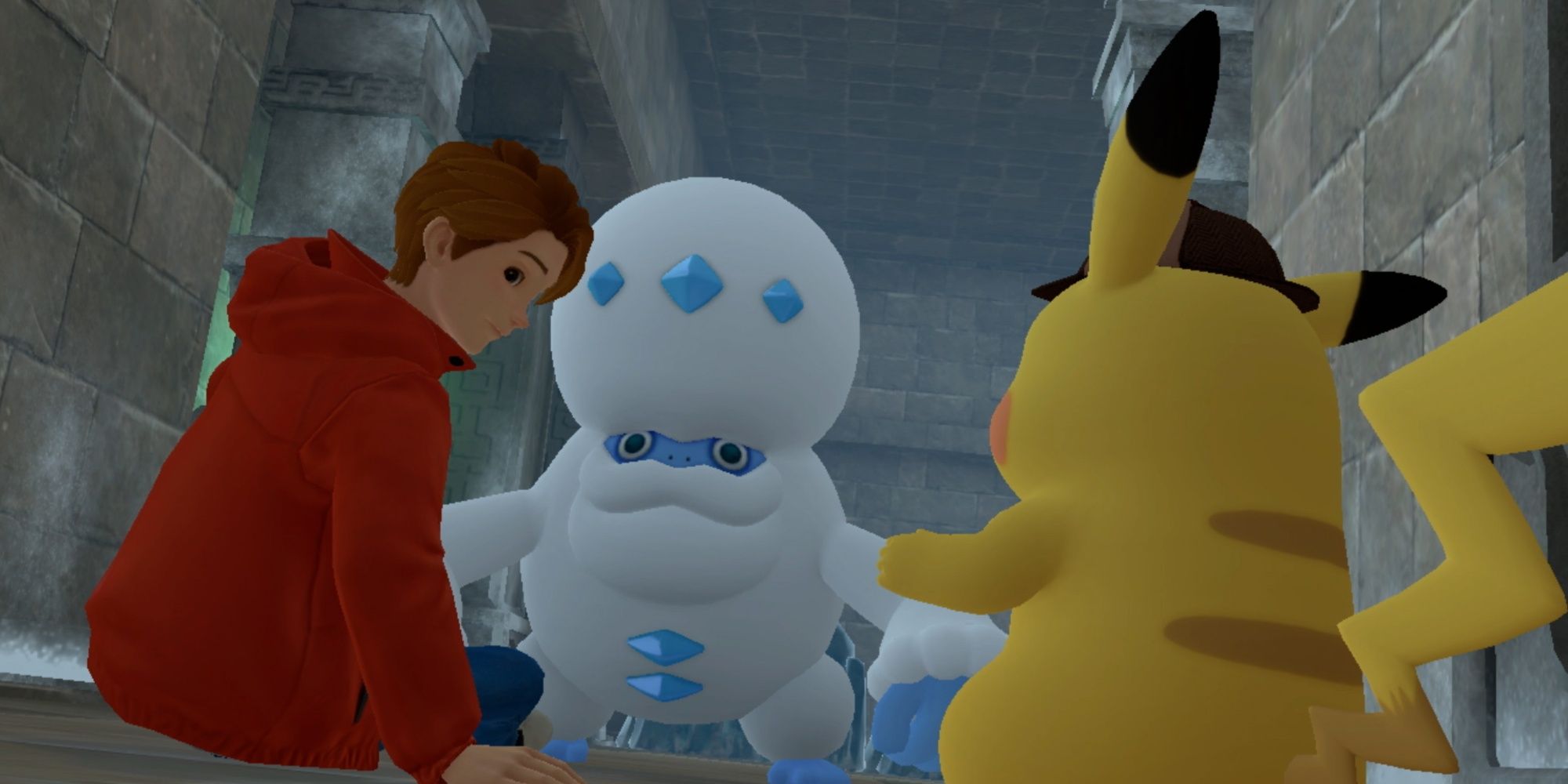 pikachu and tim talking to a darmanitan in detective pikachu returns