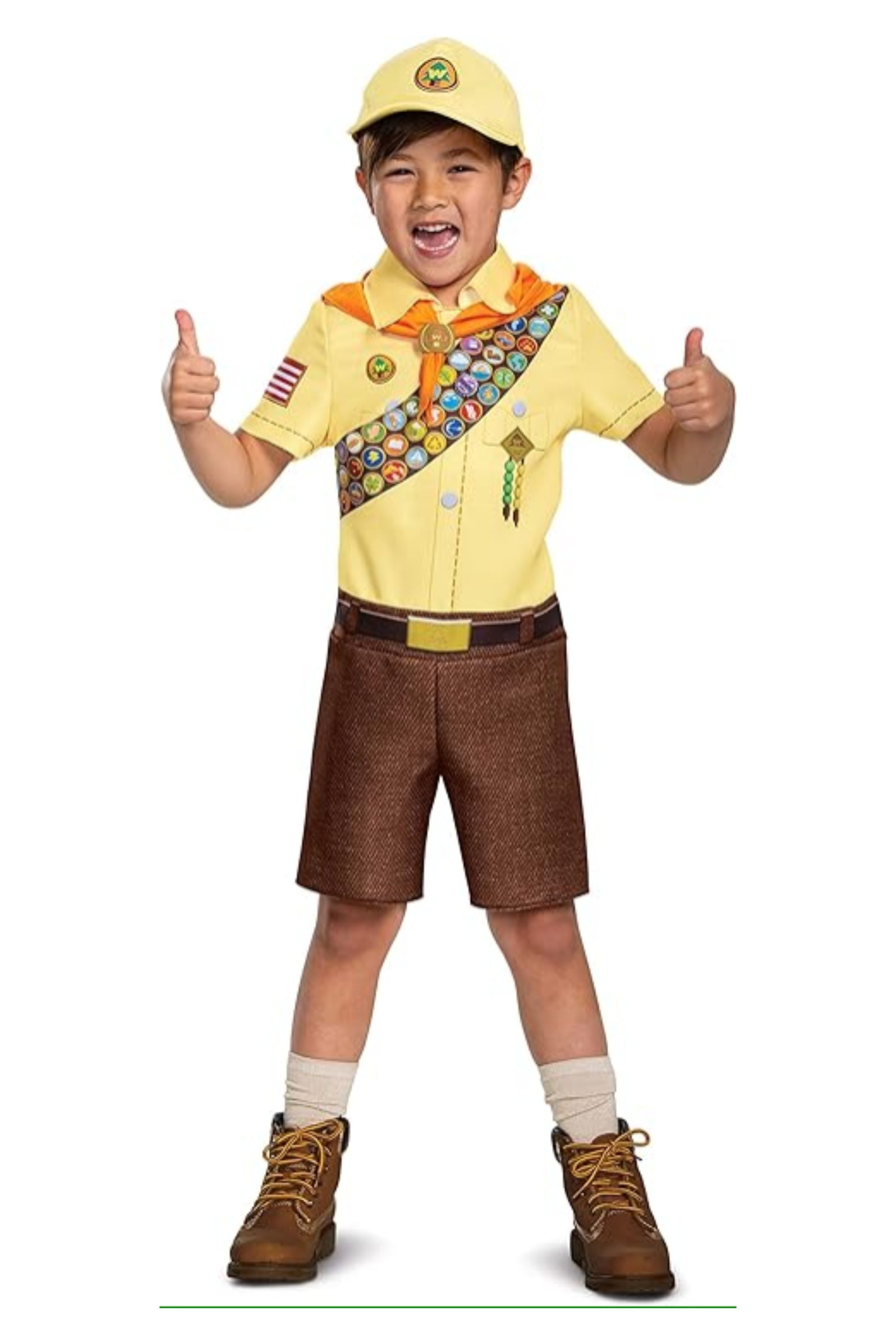 a boy dressed as russel from the disney pixar movie up