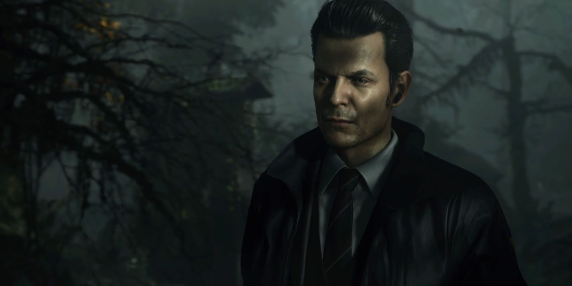 Sam Lake as the in-game character model of FBI agent Alex Casey talking to Saga about the manuscript page.