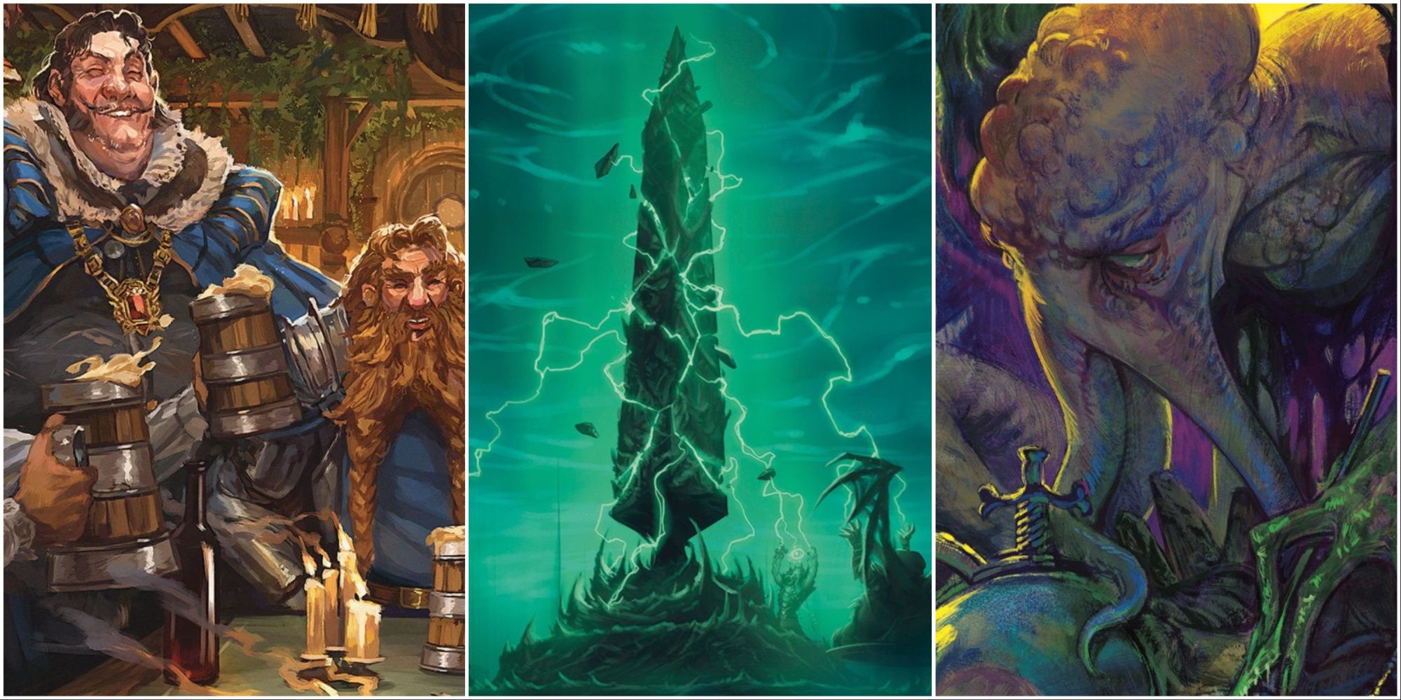 Left: A human and a dwarf drink together in a tavern. Center: An obelisk stands against a green sky. Right: Closeup of a mind flayer.