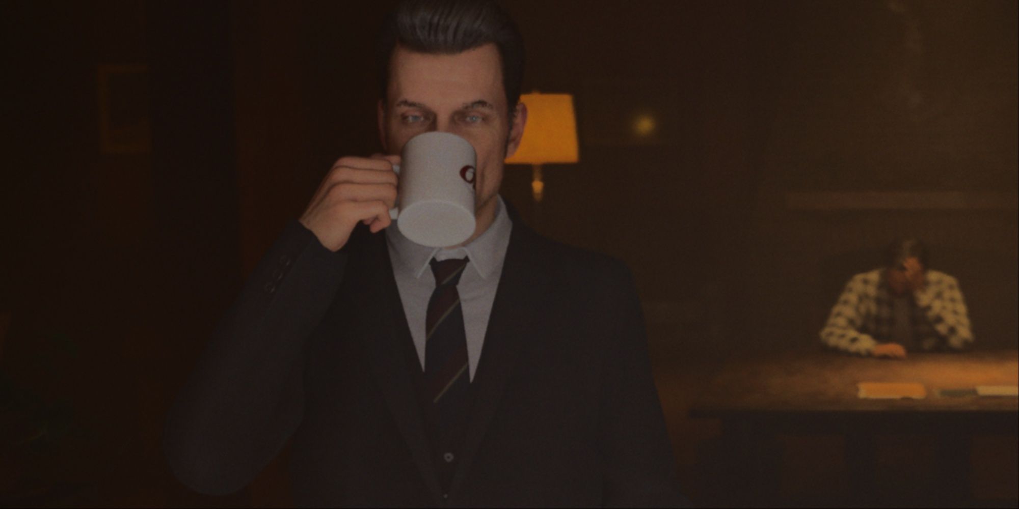 Close-up shot of agent Alex Casey drinking coffee from an Oh Deer mug, with Alan sitting in the background for questioning.
