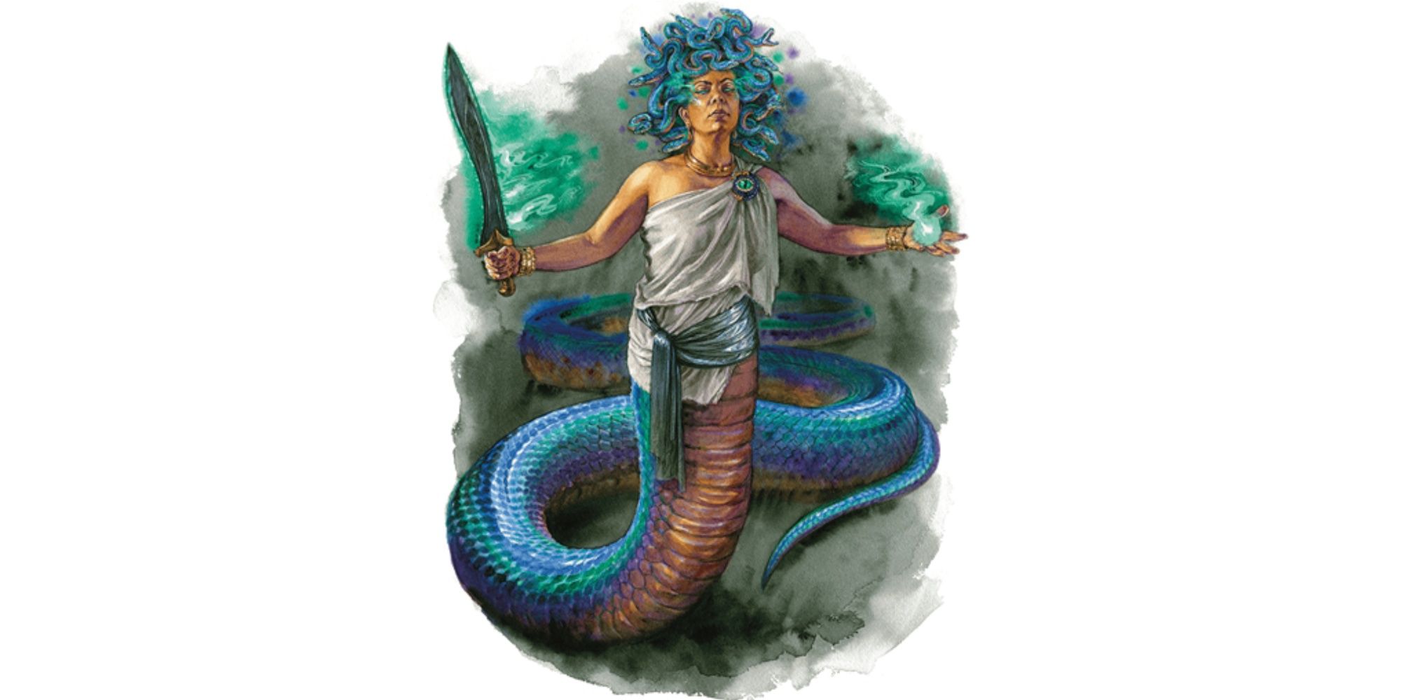 DND Creature Hierophant Medusa holding her sword and a magical orb