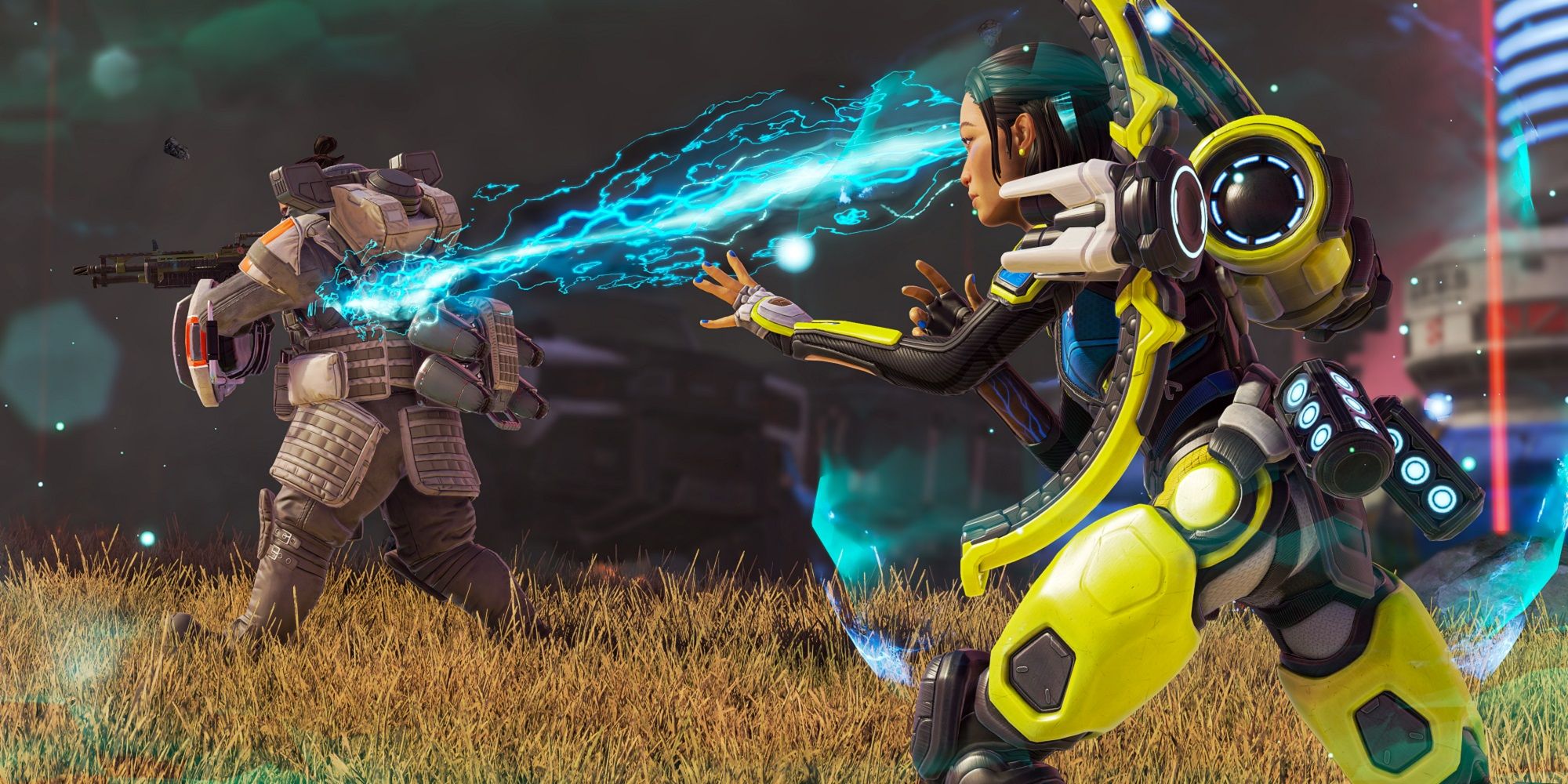 conduit using her tactical ability in apex legends sending a blue bolt of energy towards gibraltar