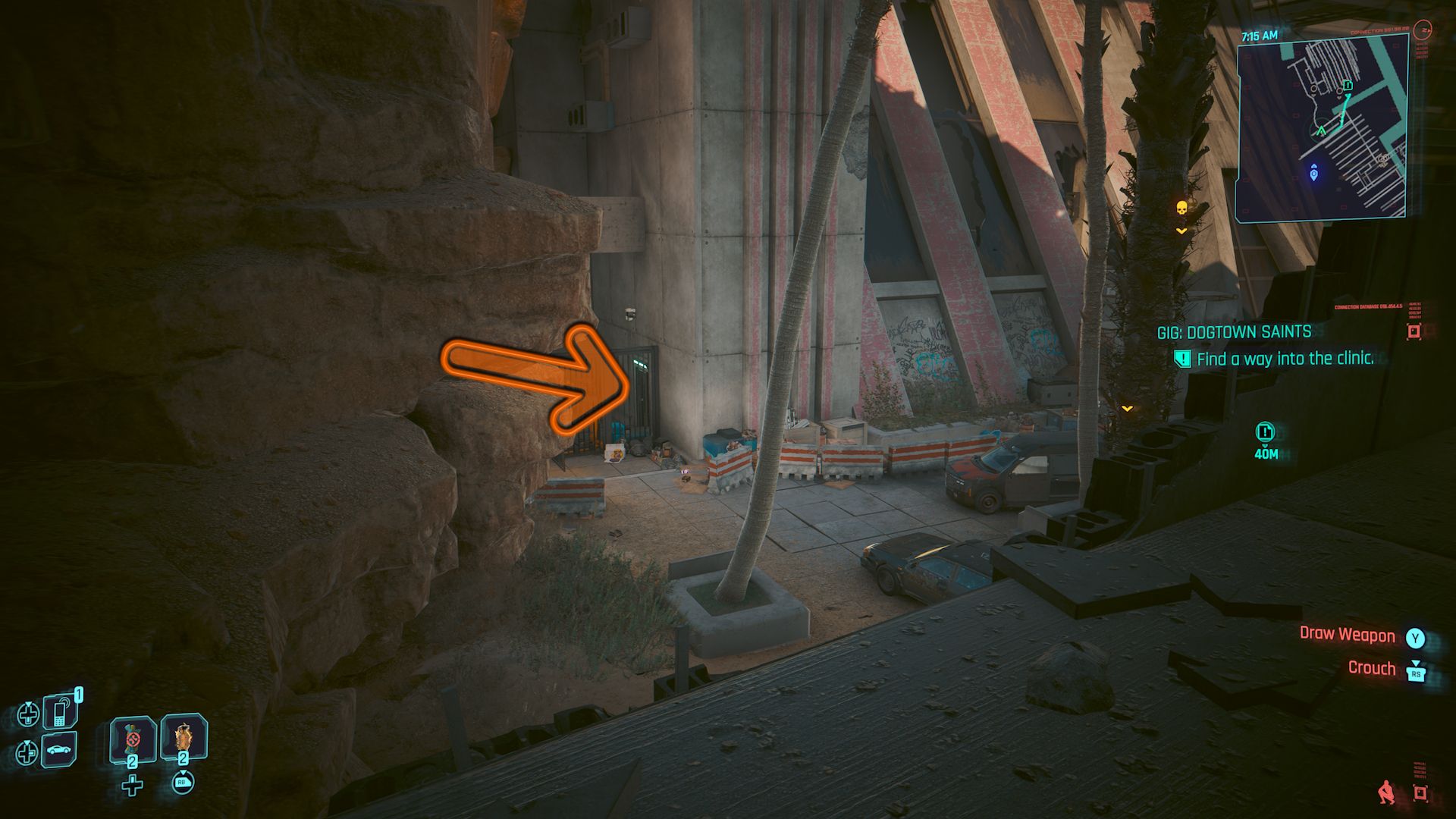 Cyberpunk 2077 Phantom Liberty Screenshot Of Arrow Pointing To Clinic Backdoor