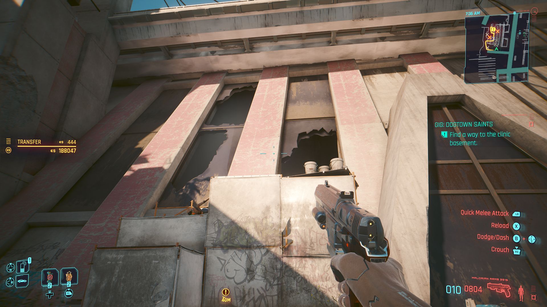 Cyberpunk 2077 Phantom Liberty Screenshot Of Broken Window On Side Of Clinic