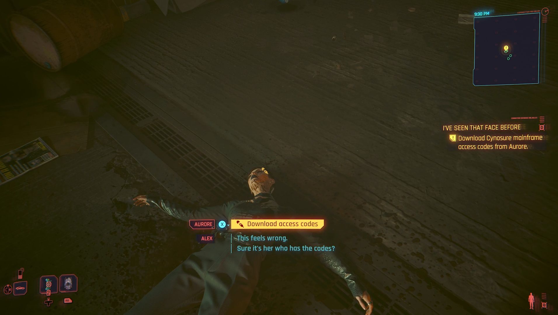Cyberpunk 2077 Phantom Liberty Screenshot Of Download Access Codes Off Aurore's Body